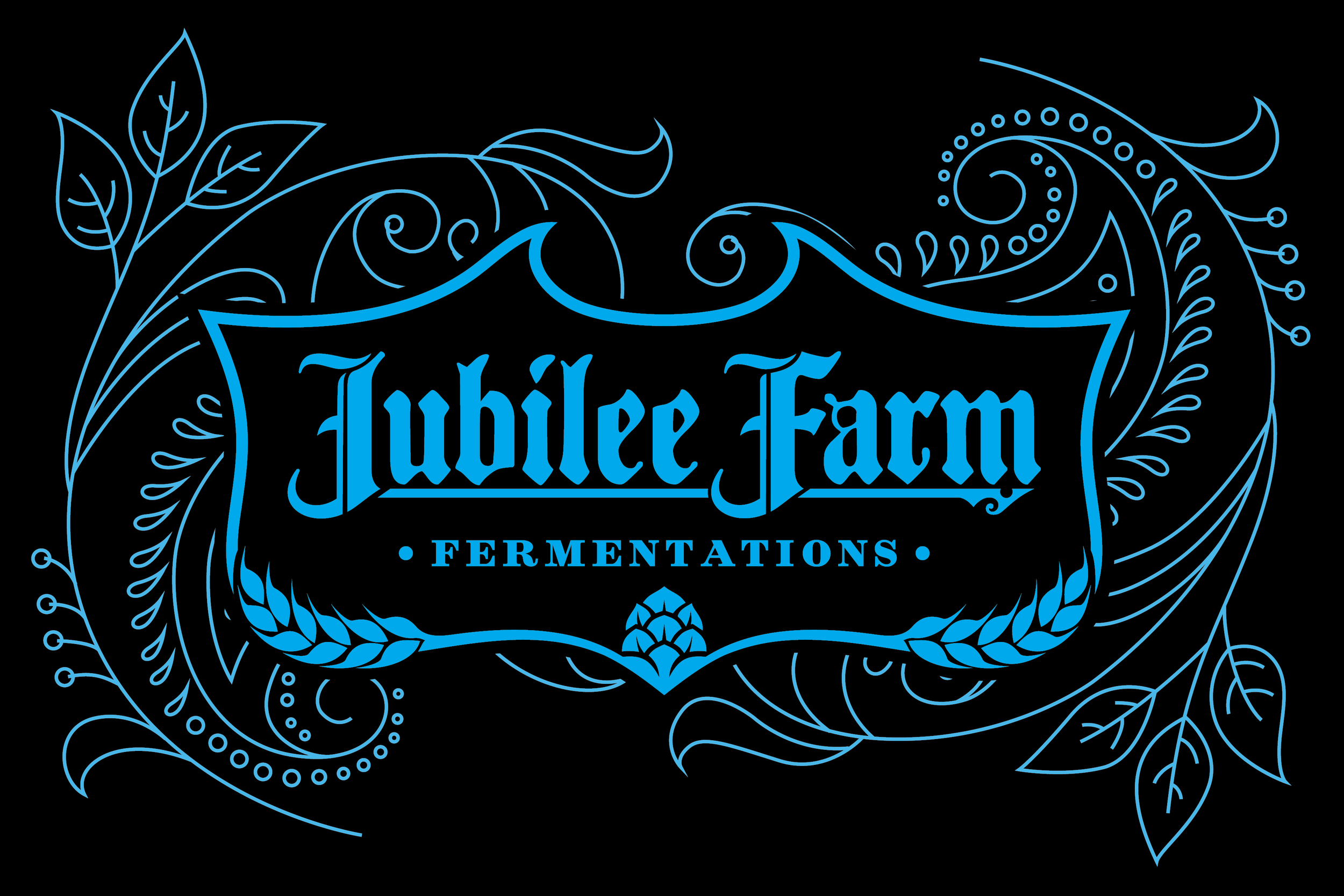 Jubilee Farm Fermentations logo with ornate blue leaves and swirls on black background.