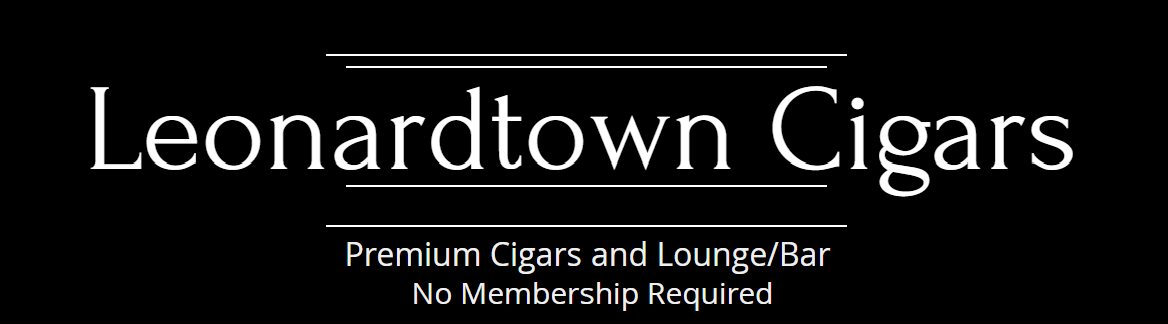 Leonardtown Cigars logo with text "Premium Cigars and Lounge/Bar No Membership Required" on a black background.