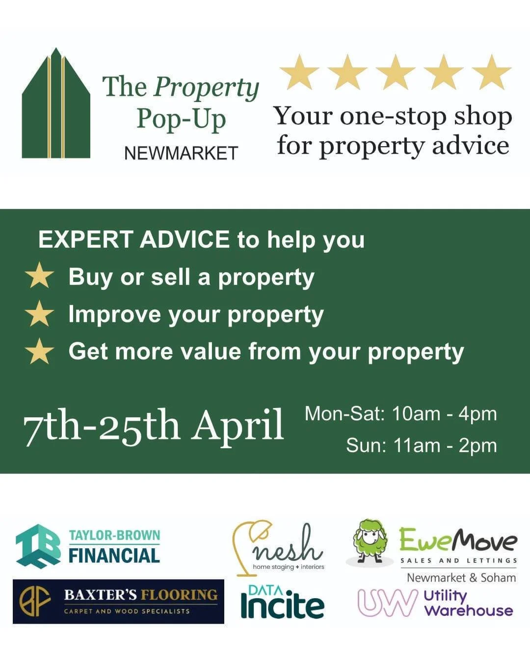Newmarket Property Pop-Up Shop is here!

Join us from 7th&ndash;25th April
Fairfield House, 43 High Street, Newmarket, CB8 8NA

Whether you're moving, improving, or just want to save money on your bills, come in for a friendly chat with our team of l