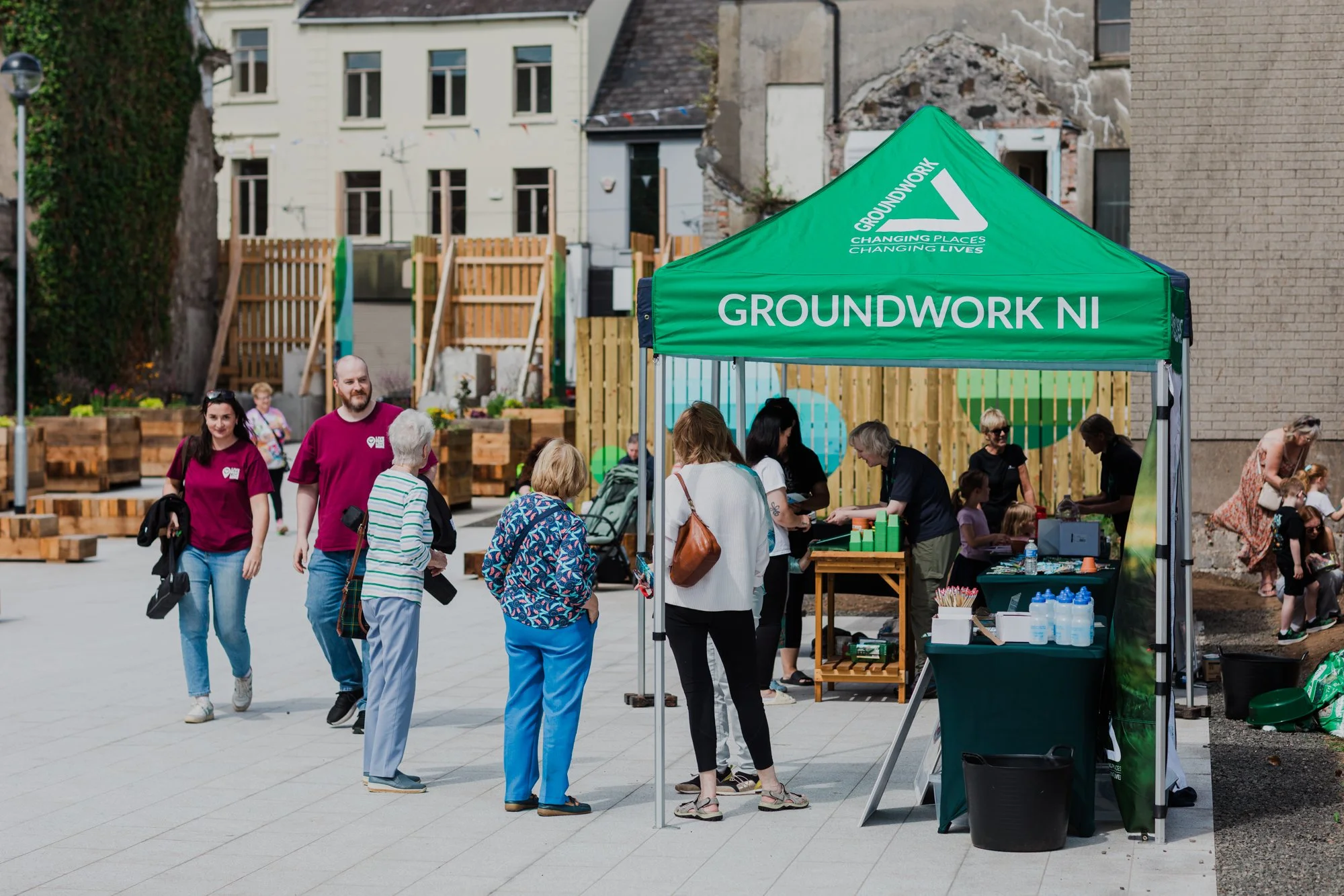 Community day at The Cellars Garden, a pop-up park on a vacant gap site in central Larne designed by OGU Architects.
