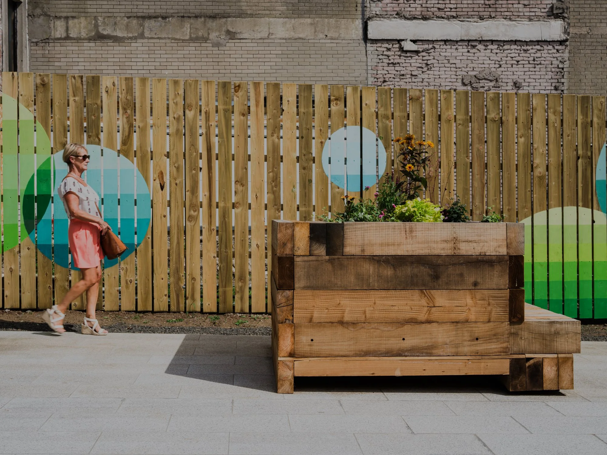 Timber seating and community planting at The Cellars Garden, a pocket park in Larne town centre designed by OGU Architects.