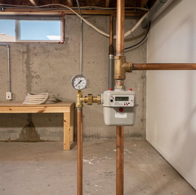 water pressure gauge showing low reading on copper pipe