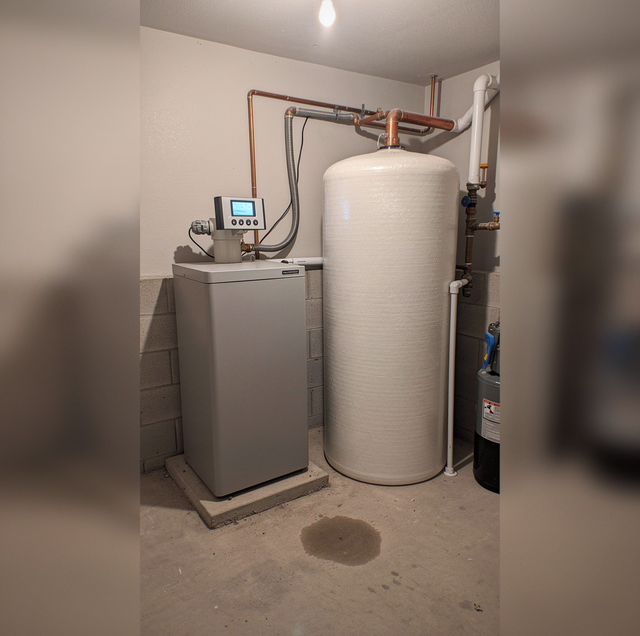 Aged residential water softener unit with brine tank in basement