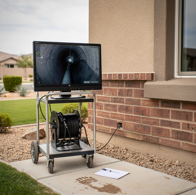 Video camera lowered into residential sewer cleanout access