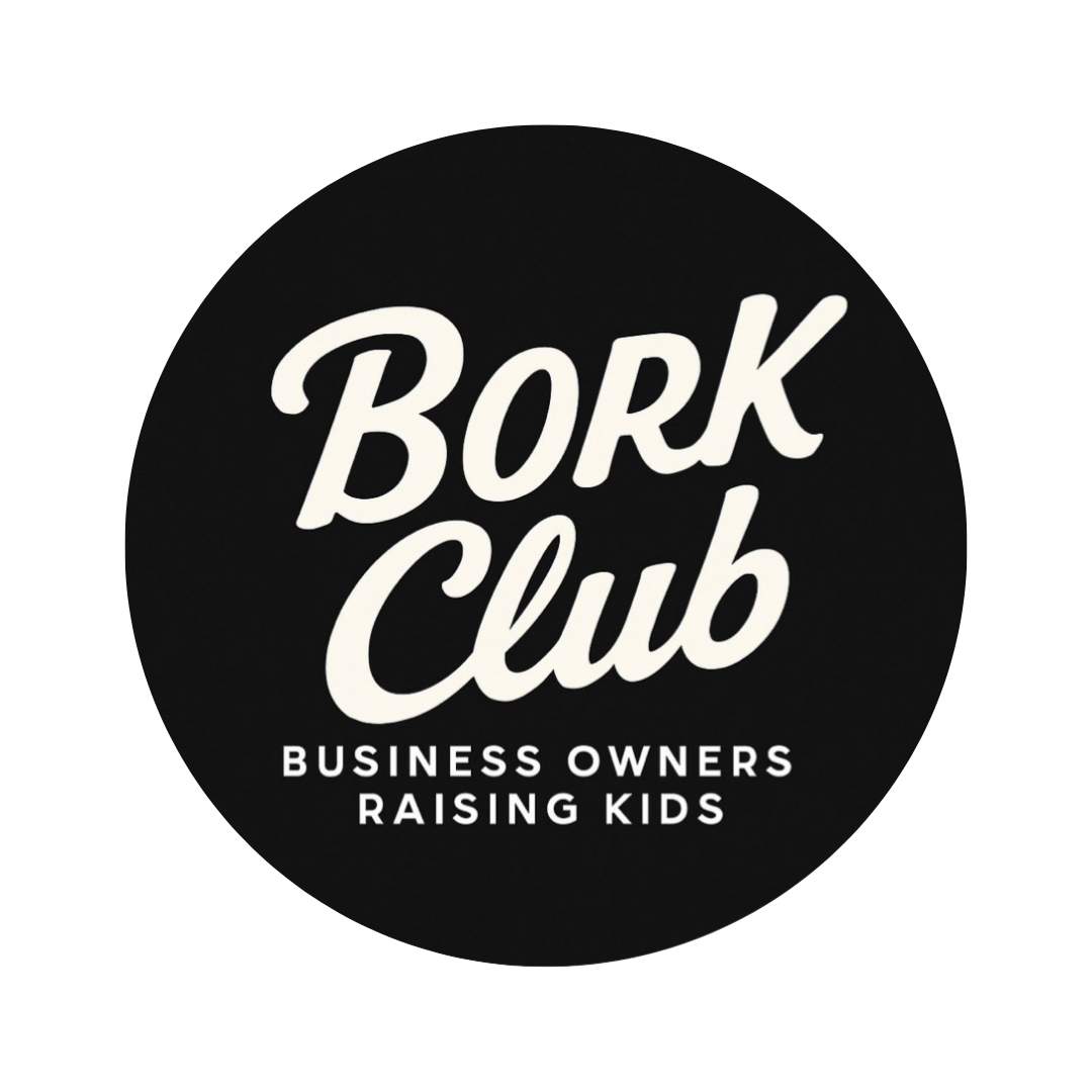 Black circular logo with white text that reads 'BORK Club' and smaller text below that says 'Business Owners Raising Kids'.