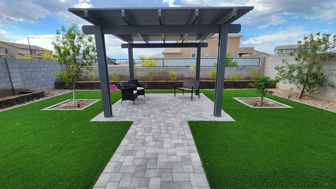 We transformed this new build blank lot into a lovely functional yard with a seating area, ample space for the kids to play, room for an outdoor kitchen, several fruit trees, some raised planters, and a premium mist and fog system. Give us a call tod