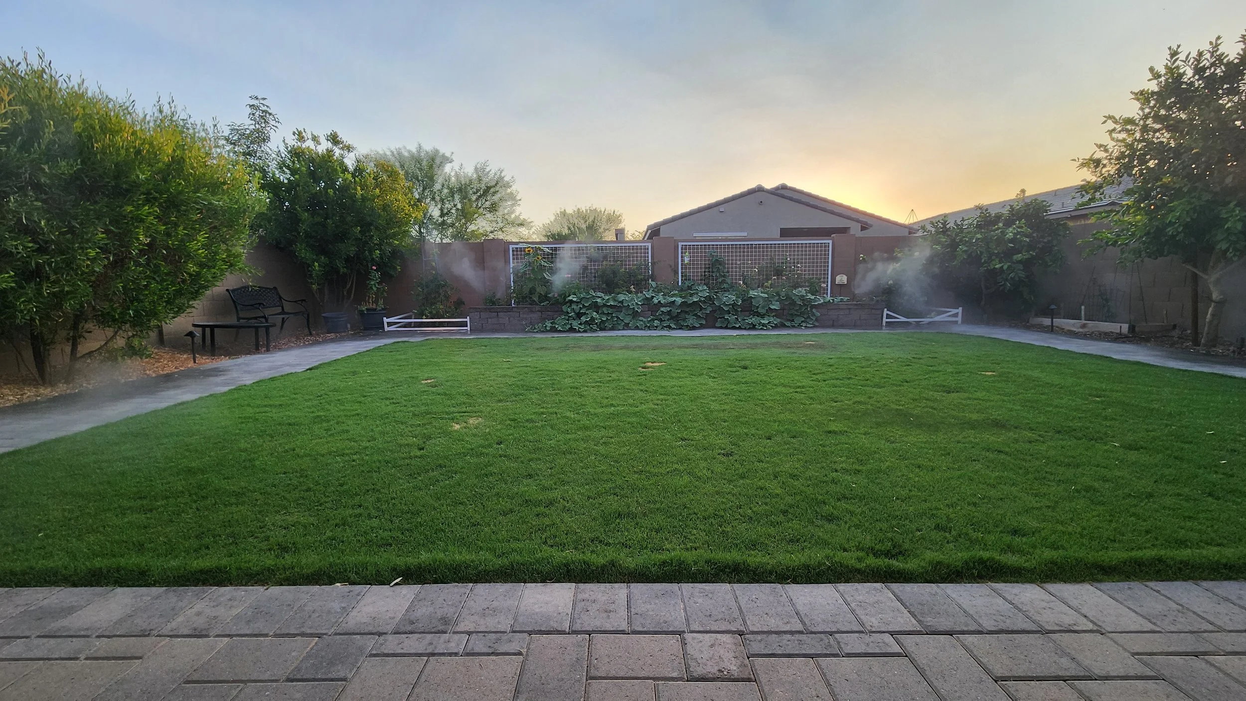 High pressure mist & fog around the backyard perimeter of this Surprise new build. TifTuf Bermuda sod and sprinklers, low voltage lighting, planting, and Belgard Rio pavers