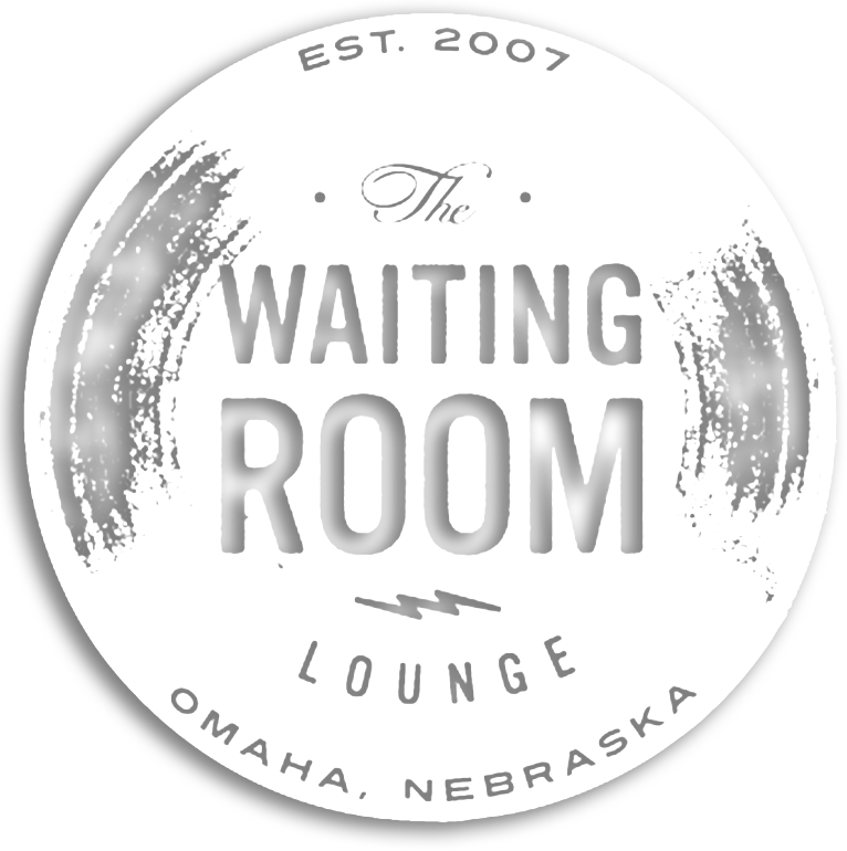 Logo of The Waiting Room Lounge, established in 2007, located in Omaha, Nebraska. Features artistic brush strokes and bold typography on a white circular background.