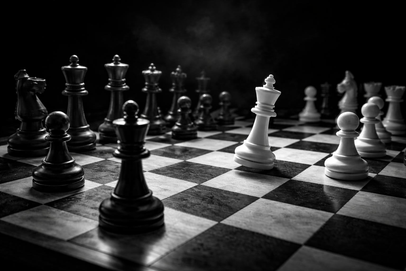 Black and white photo of a chessboard with chess pieces, with one white king leaning on its side as if knocked over, indicating a checkmate.