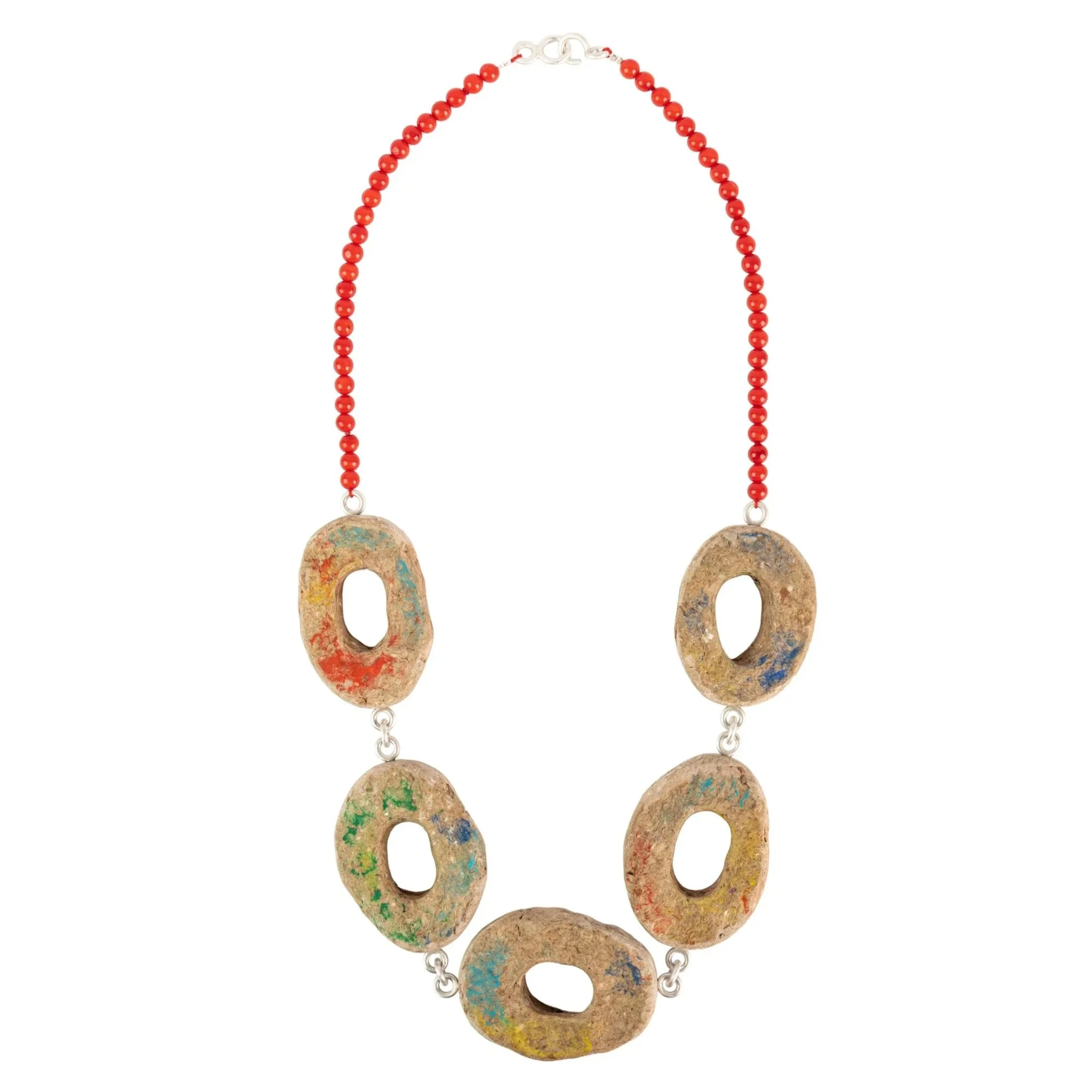 Jewelry necklace featuring five irregular oval-shaped pendants with painted colors, strung on a red beaded chain with a silver clasp.