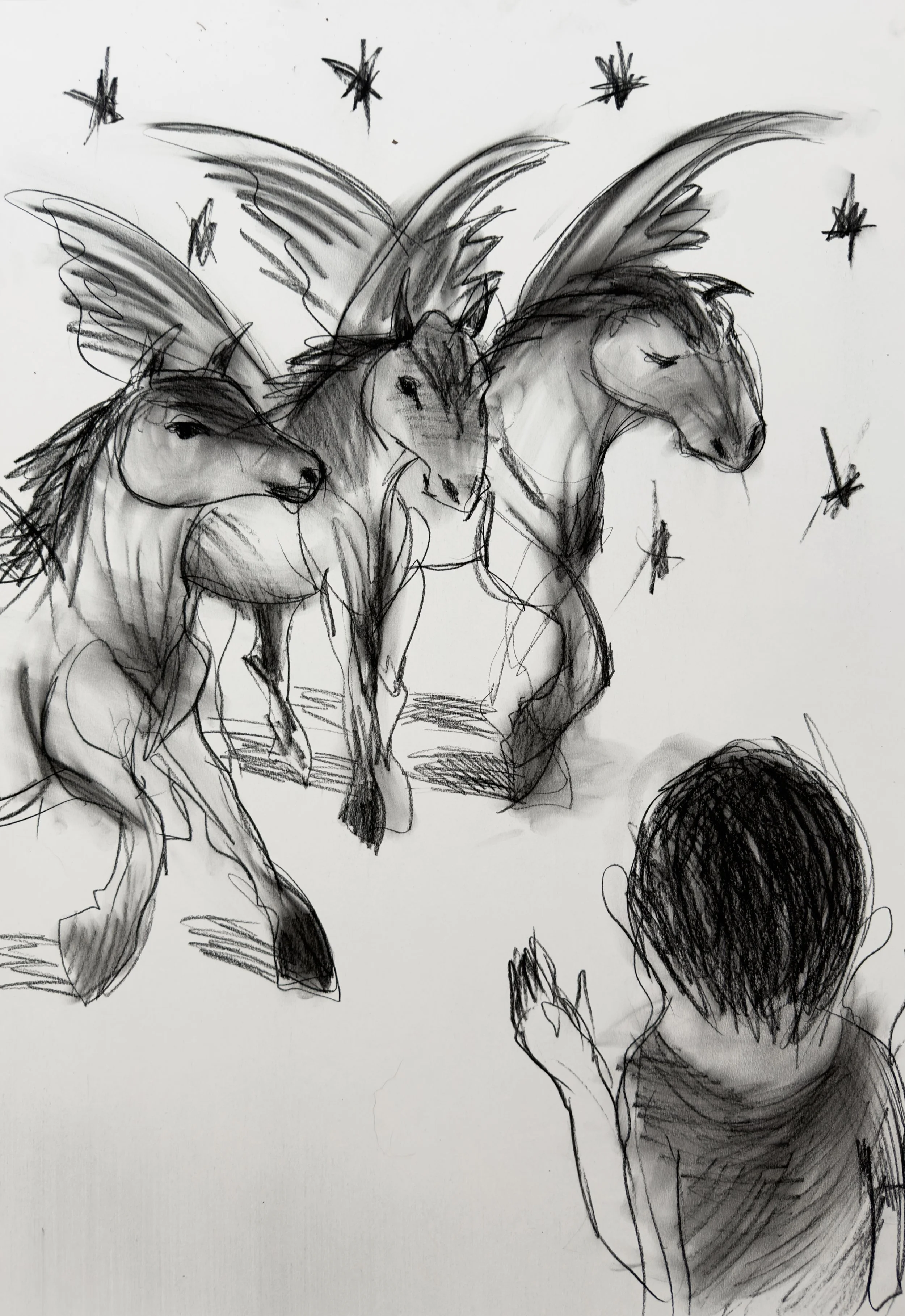 Berniukas ir trys Ašvieniai/ piešinys 59,4 x84,1cm/ Le garçon et trois Pégases 59,4x84,1cm, dessin pierre noir, carbon