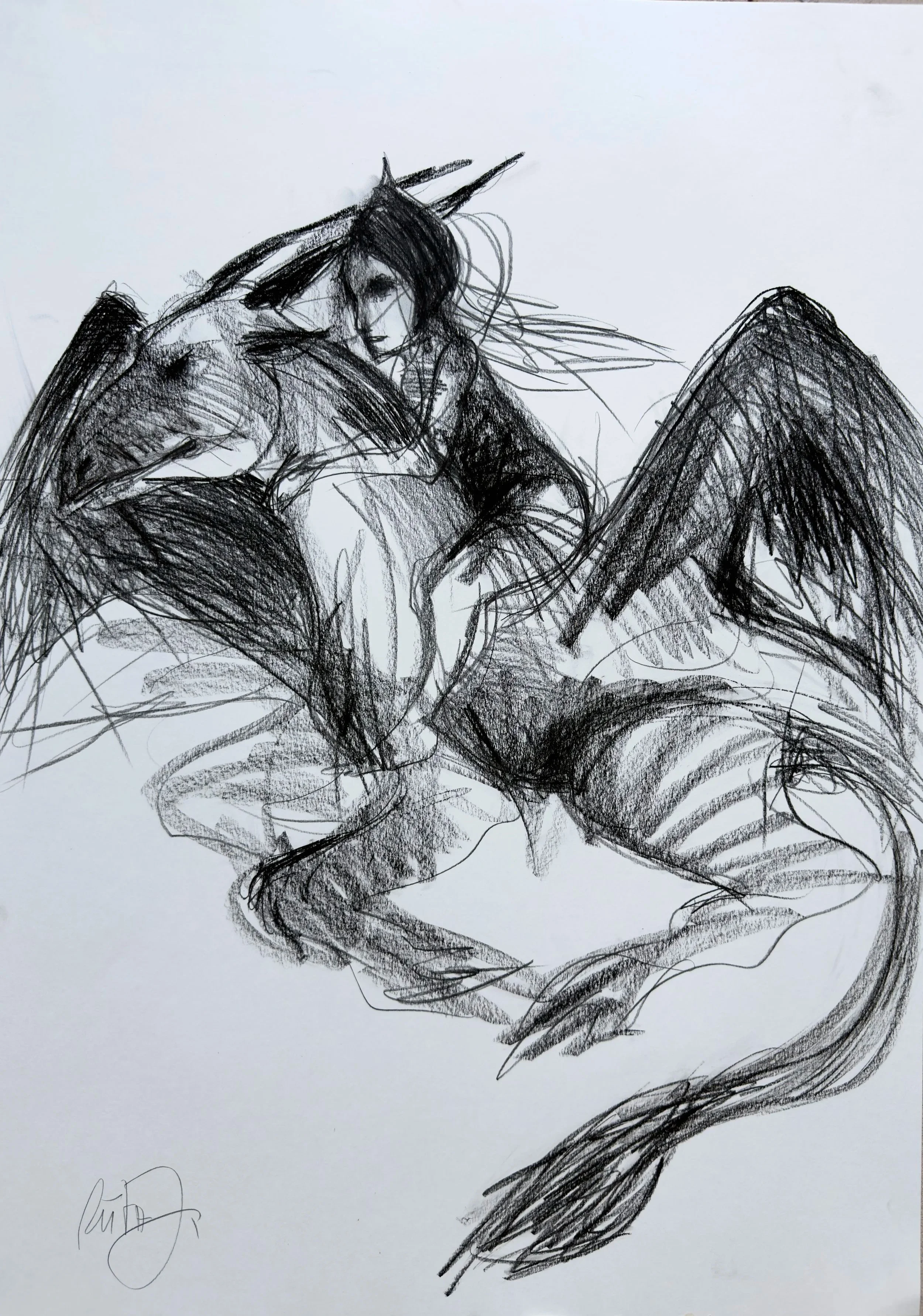 Medeinė skrendanti and slibino/ 59,4x84,1cm, piešinys juodąja kreida, anglimi/Medeinė chevauchent le dragon 59,4x84,1cm, dessin pierre noir, carbon