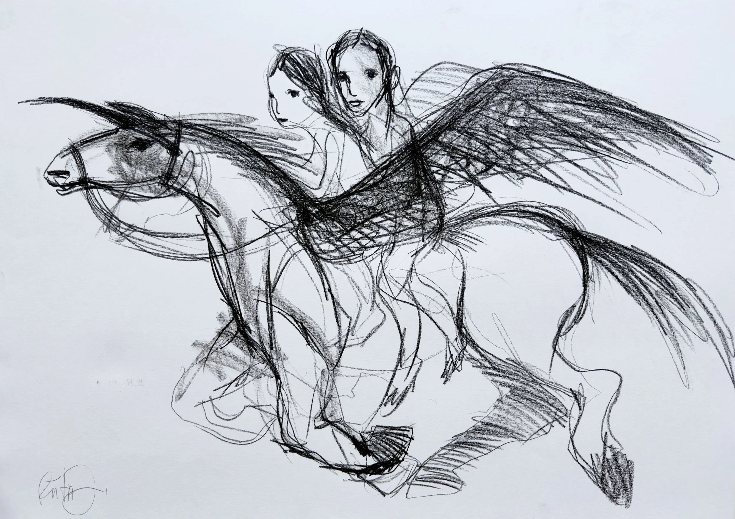 Pegaso vaikai, 59,4x84,1cm, piešinys juodąja kreida, anglimi/ Les enfants de Pégase 59,4x84,1cm, dessin pierre noir, carbon 