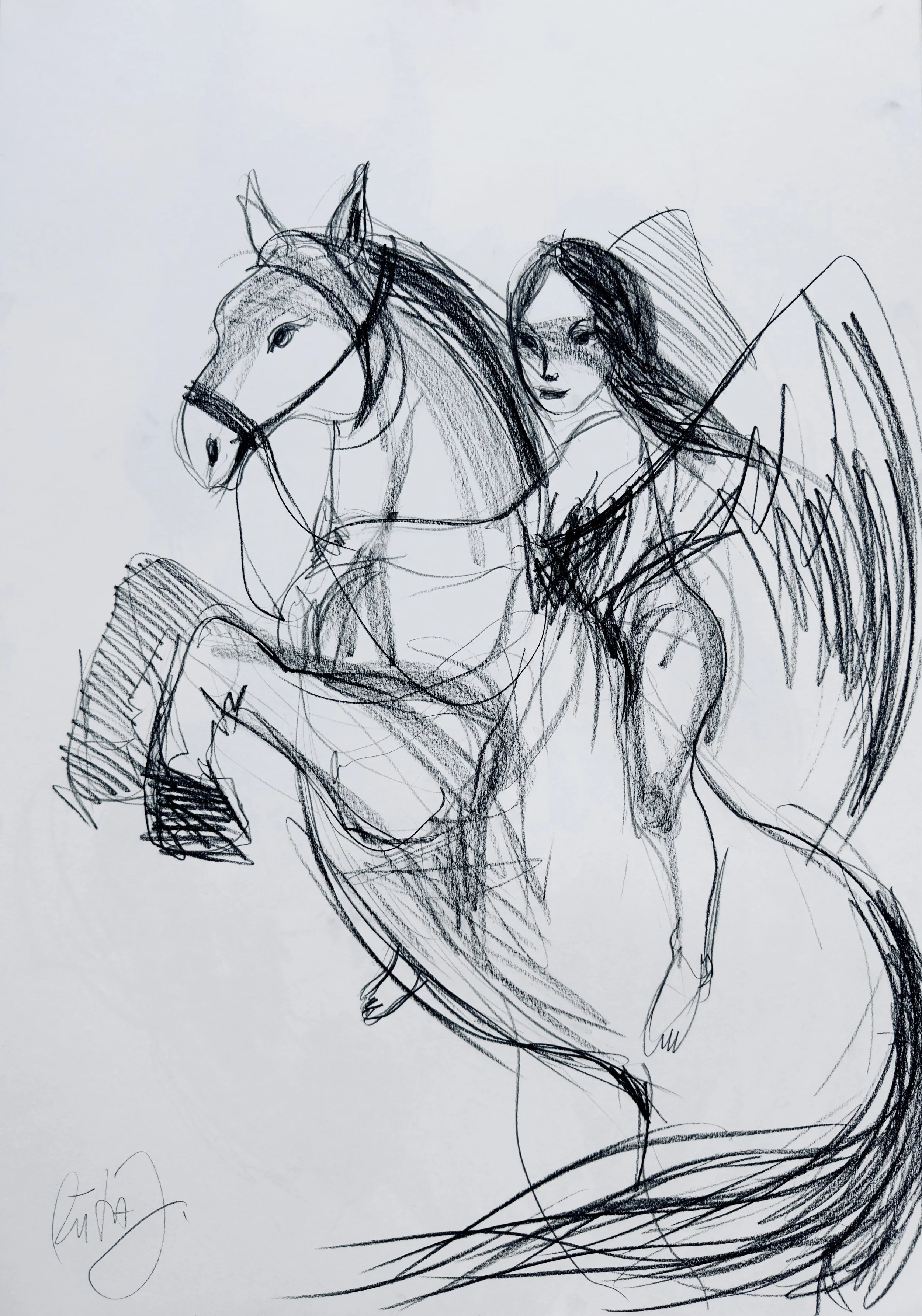 Laumė jojanti ant Ašvienioi,59,4x84,1cm/Laumė chevauchant le Pégase, 59,4 × 84,1 cm, dessin pierre noire, charbon