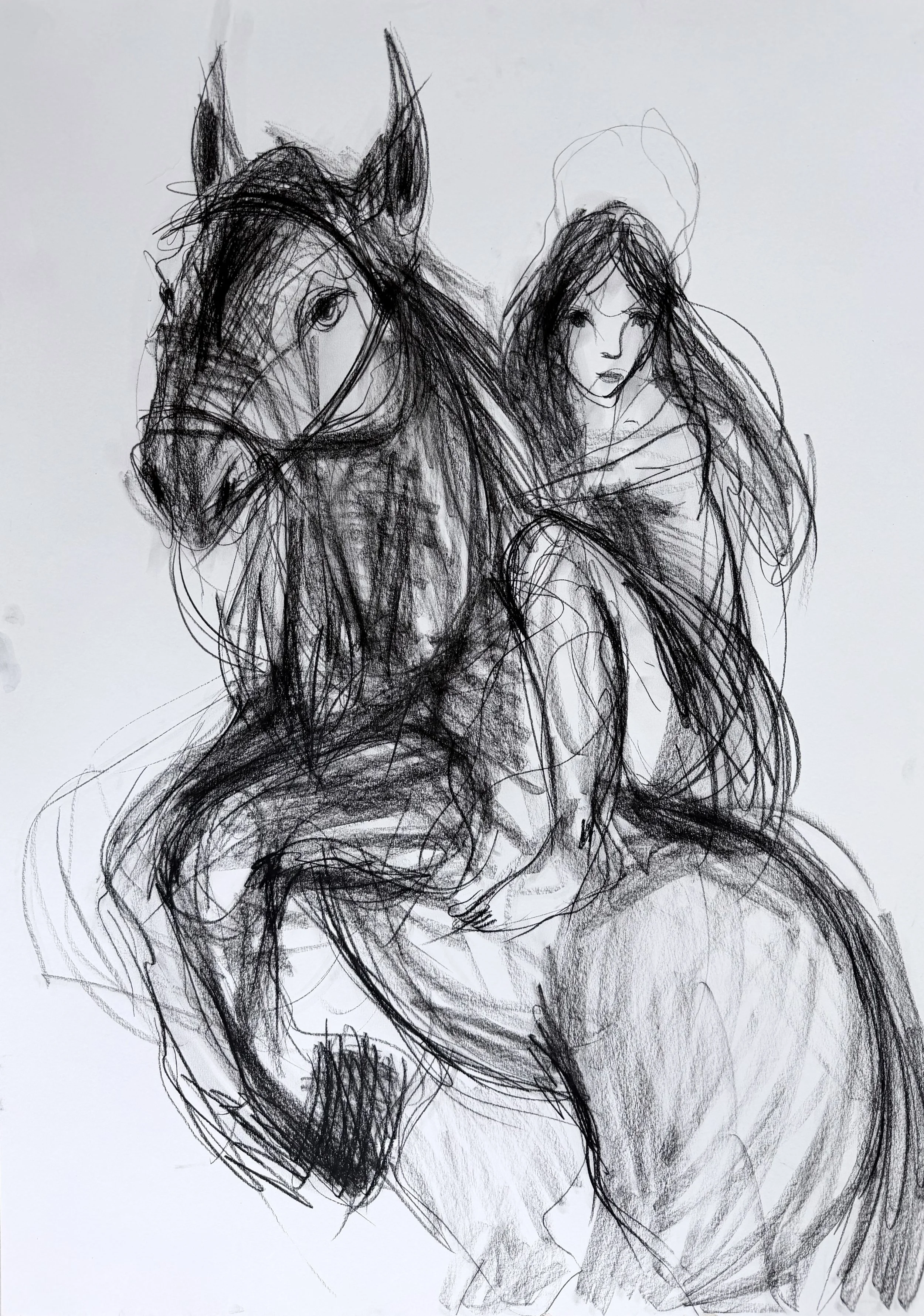 Žvorūnė jojanti žirgu 59,4x84,1cm, piešinys juodąja kreida, anglimi / « Žvorūnė chevauchant un cheval, 59,4 × 84,1 cm, dessin pierre noire, charbon » 