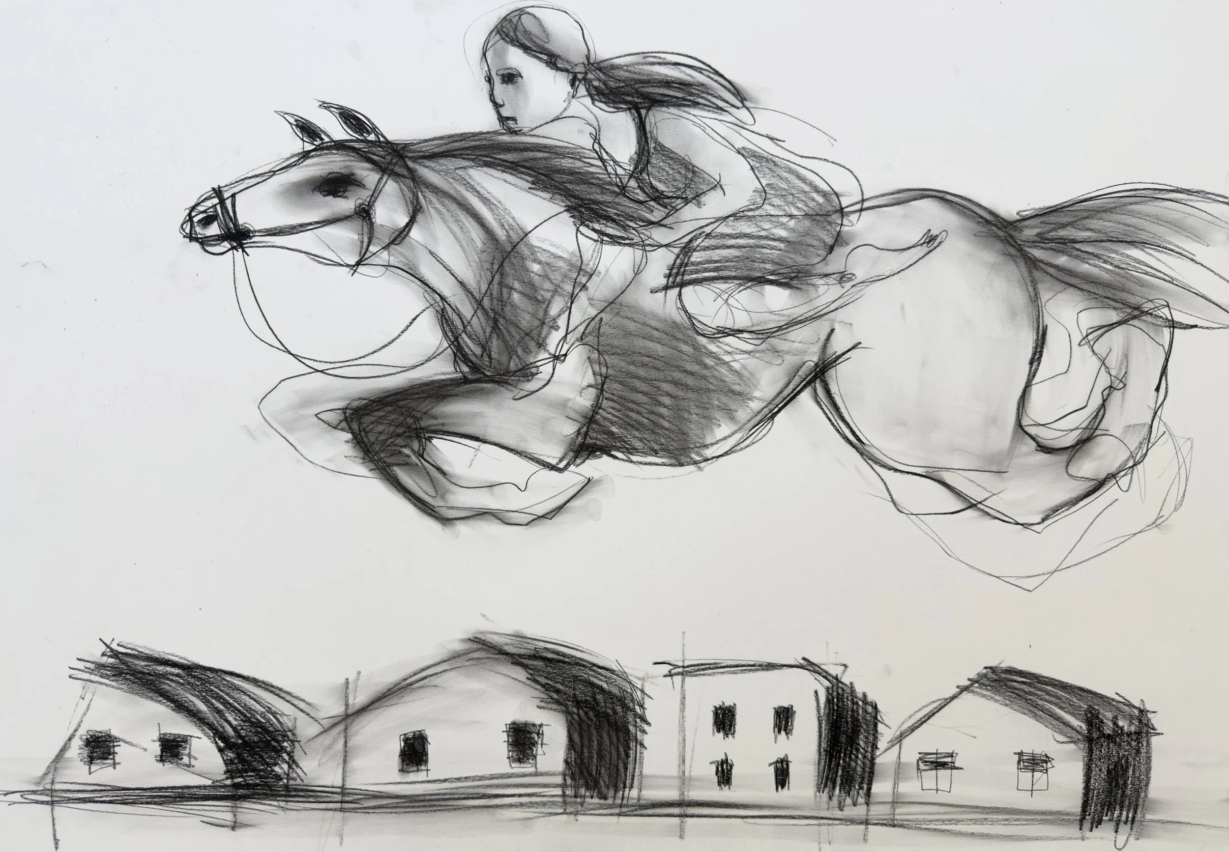 Žvorūnė skrendandi virš stogų 59,4x84,1cm, anglimi/Žvorūnė Žvorūnė volant au-dessus des toits 59,4x84,1cm, dessin pierre noir, carbon