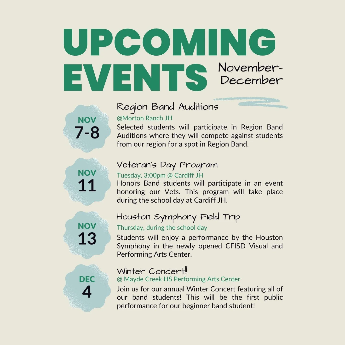 Here are our events for the rest of the fall semester!