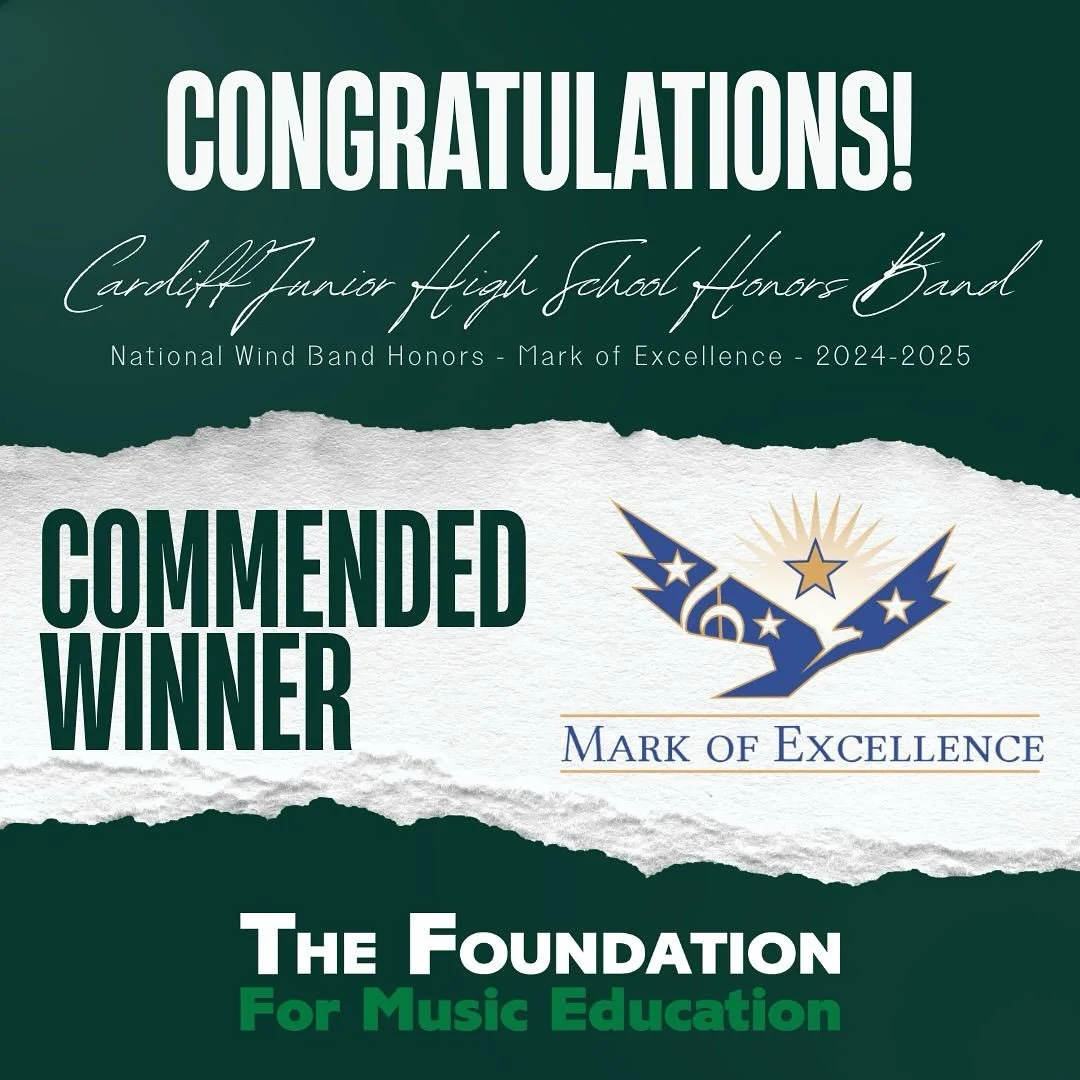 Your Cardiff Colts are nationally recognized! The CJH Honors Band has been named a Commended Winner in the Foundation for Music Education&rsquo;s 2024-2025 Mark of Excellence contest! This contest featured 478 entries from 40 different states and you