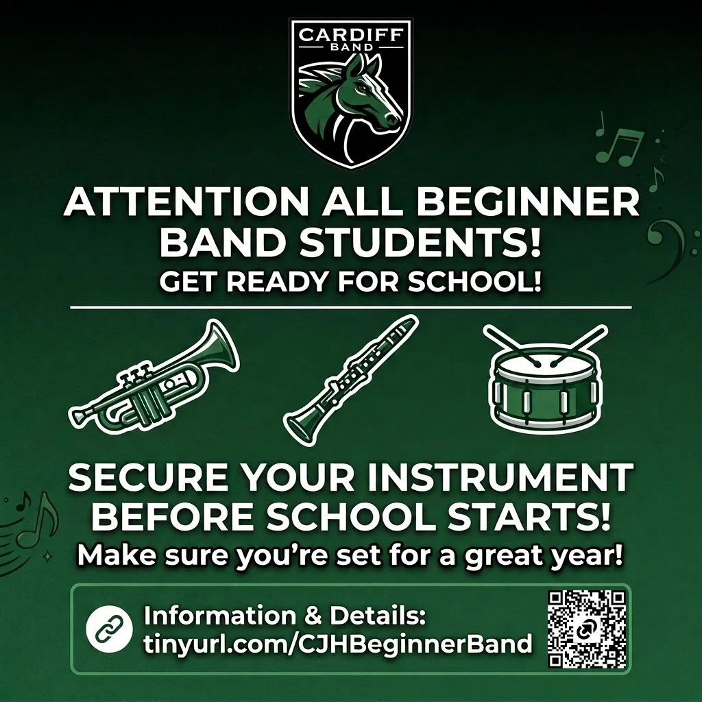 All new band students! Don't forget to arrange to get an instrument! The sooner everyone has their materials, the faster we start learning to play!

Info on getting an instrument and supplies can be found here:
https://tinyurl.com/CJHBeginnerBand