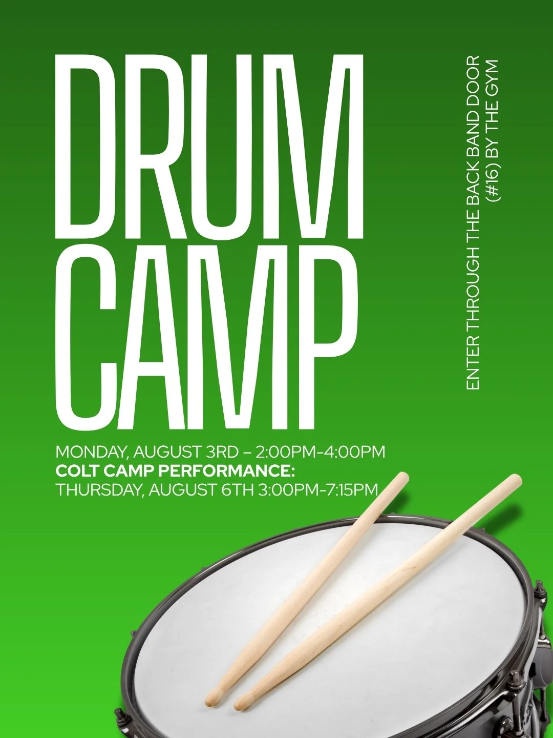 If you are a 7th or 8th grade percussionist and would like to participate in the drumline, please attend camp this upcoming Monday from 2-4pm. 

Let me know if you are attending!