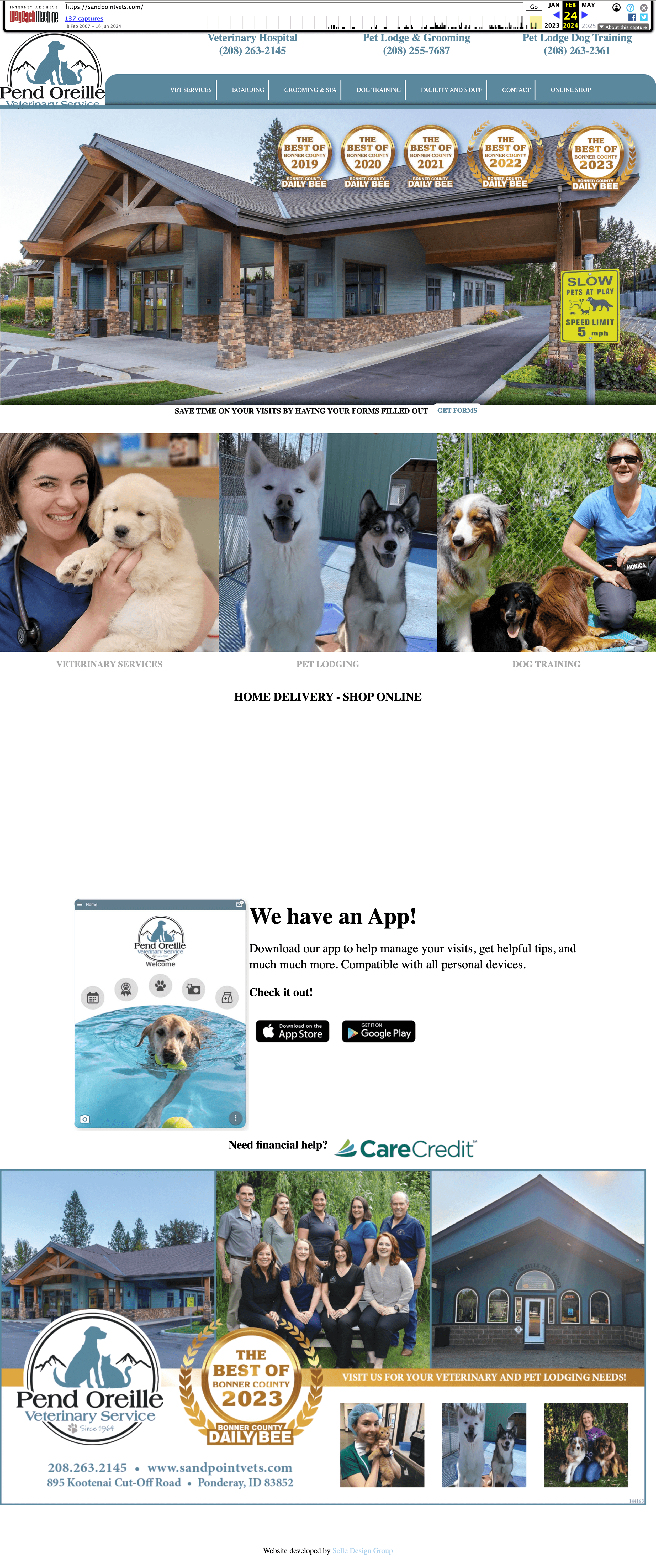 A website homepage for Pend Oreille Veterinary Service, featuring images of a veterinarian holding a puppy, and various dogs with their owners. The site offers veterinary services, pet lodging, and dog training, with awards from Bonner County Daily Bee displayed. Logos and contact information are also visible, along with an app download section and a group photo of staff.