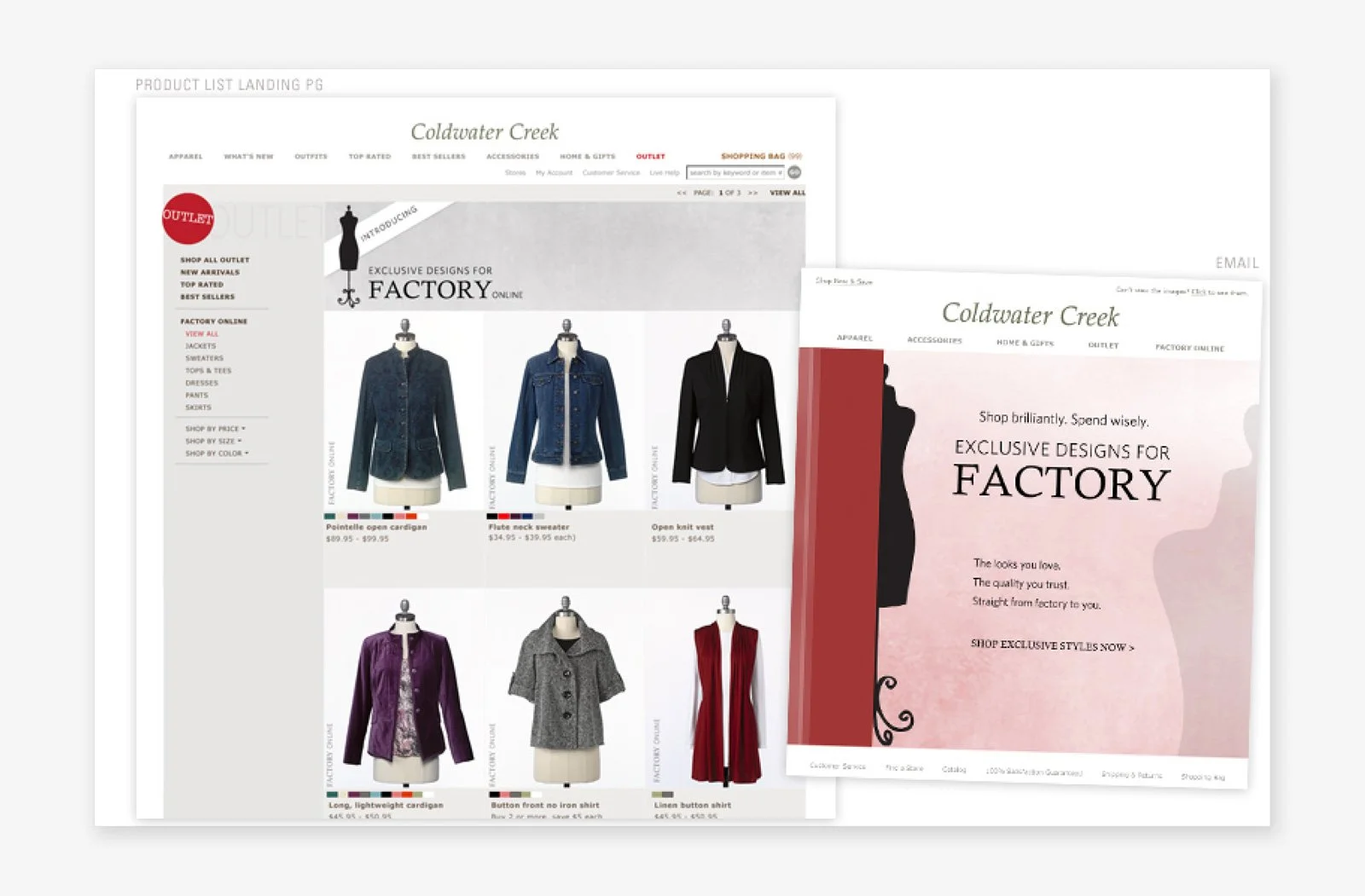 Screenshots of Coldwater Creek online store with clothing items on mannequins, including jackets, shirts, and a dress, with promotional webpage overlay.