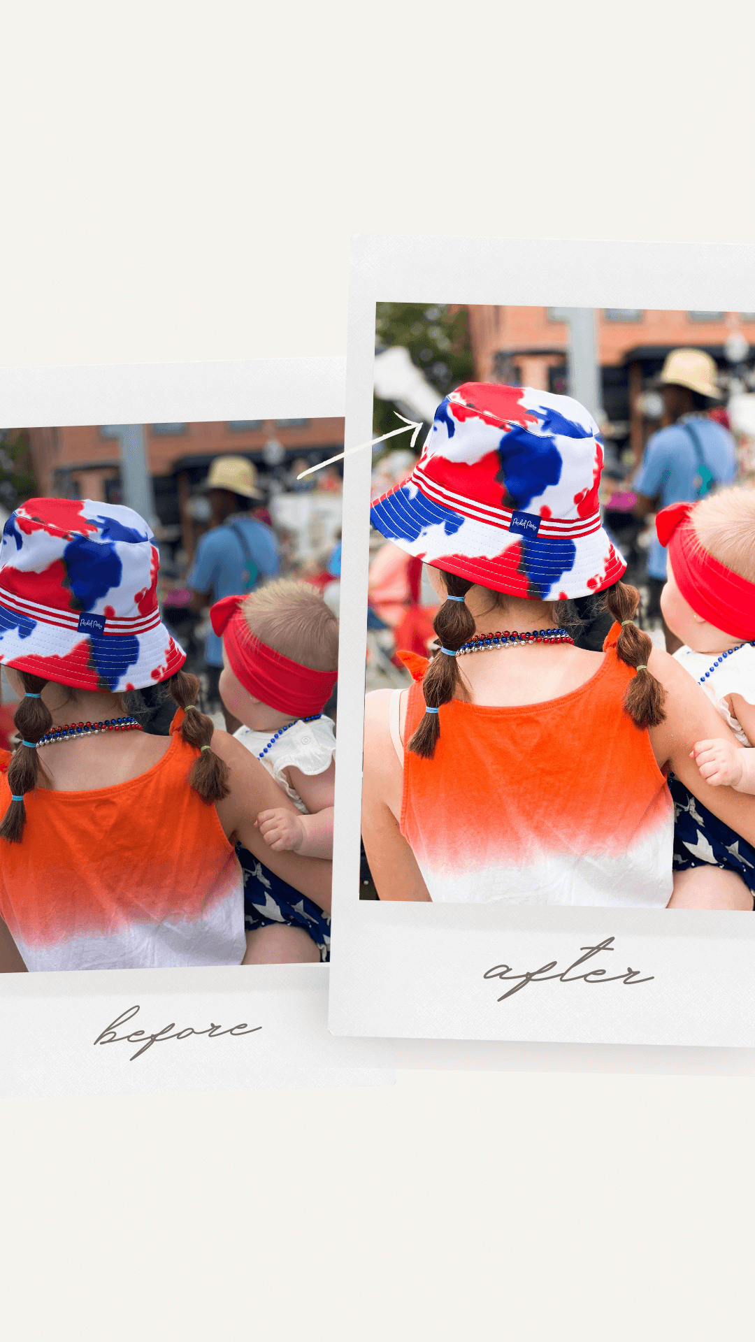 A before and after comparison of a summer family picture of two children, showing the result of photo editing.