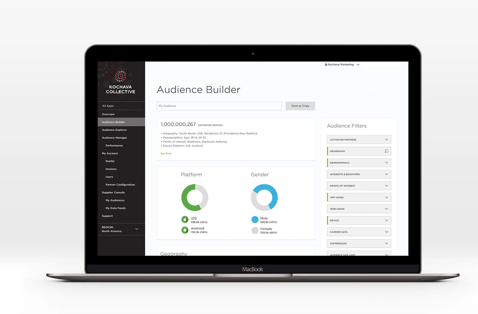 Laptop screen displaying an audience analytics dashboard with graphs for platform and gender, filters on the right, and a black sidebar menu on the left.