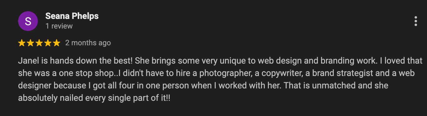 Screenshot of a five-star review by Seana Phelps praising Janel for web design and branding work.