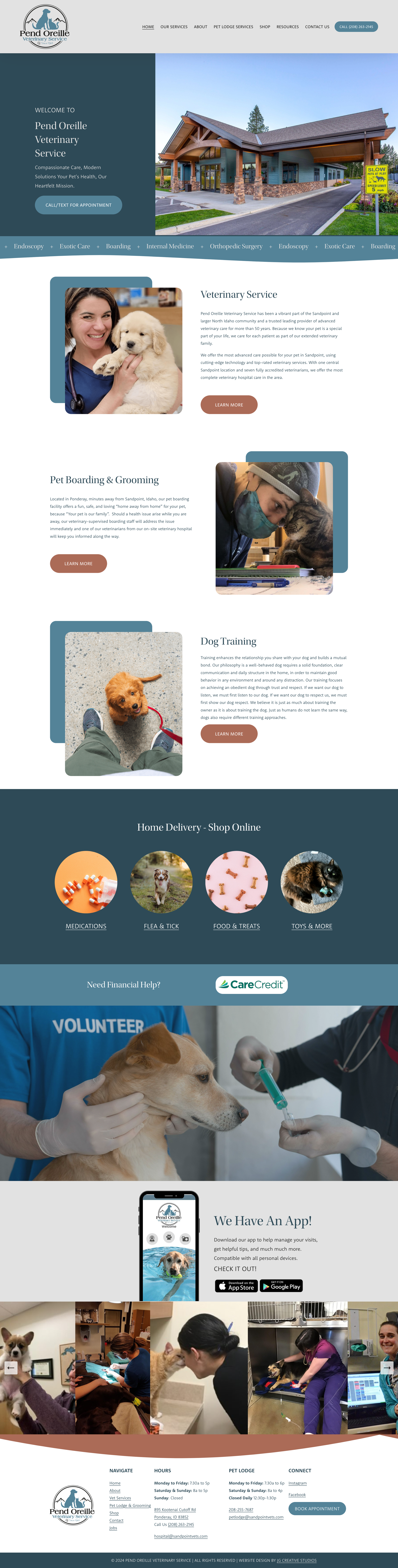 Screenshot of Pend Oreille Veterinary Service website homepage featuring images of animals, veterinary services, and the clinic building exterior.