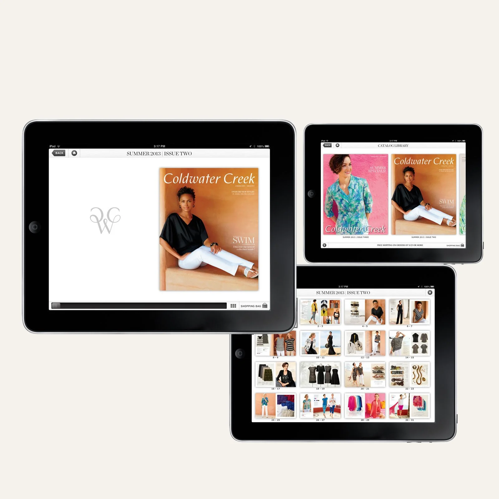 Three iPads displaying a fashion magazine called Coldwater Creek, showing the cover and interior pages with clothing and models.