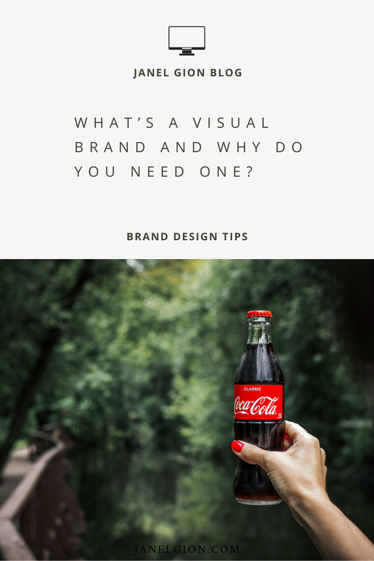 A blog post graphic titled "What's a visual brand" with an image of a hand holding a Coca-Cola bottle, representing business branding tips.