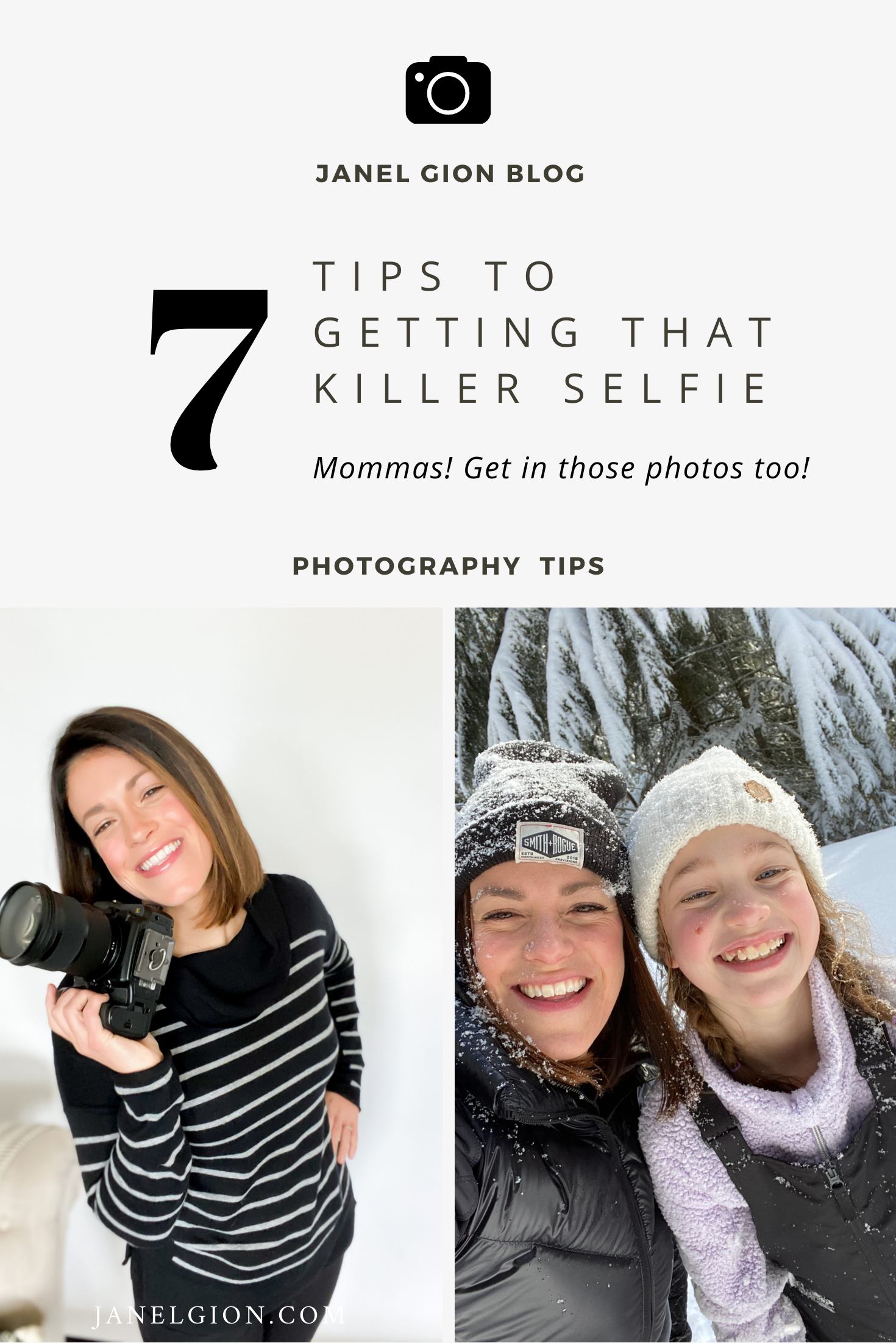 A graphic with a woman holding a camera and a mother and daughter taking a selfie, providing photography tips for selfies.