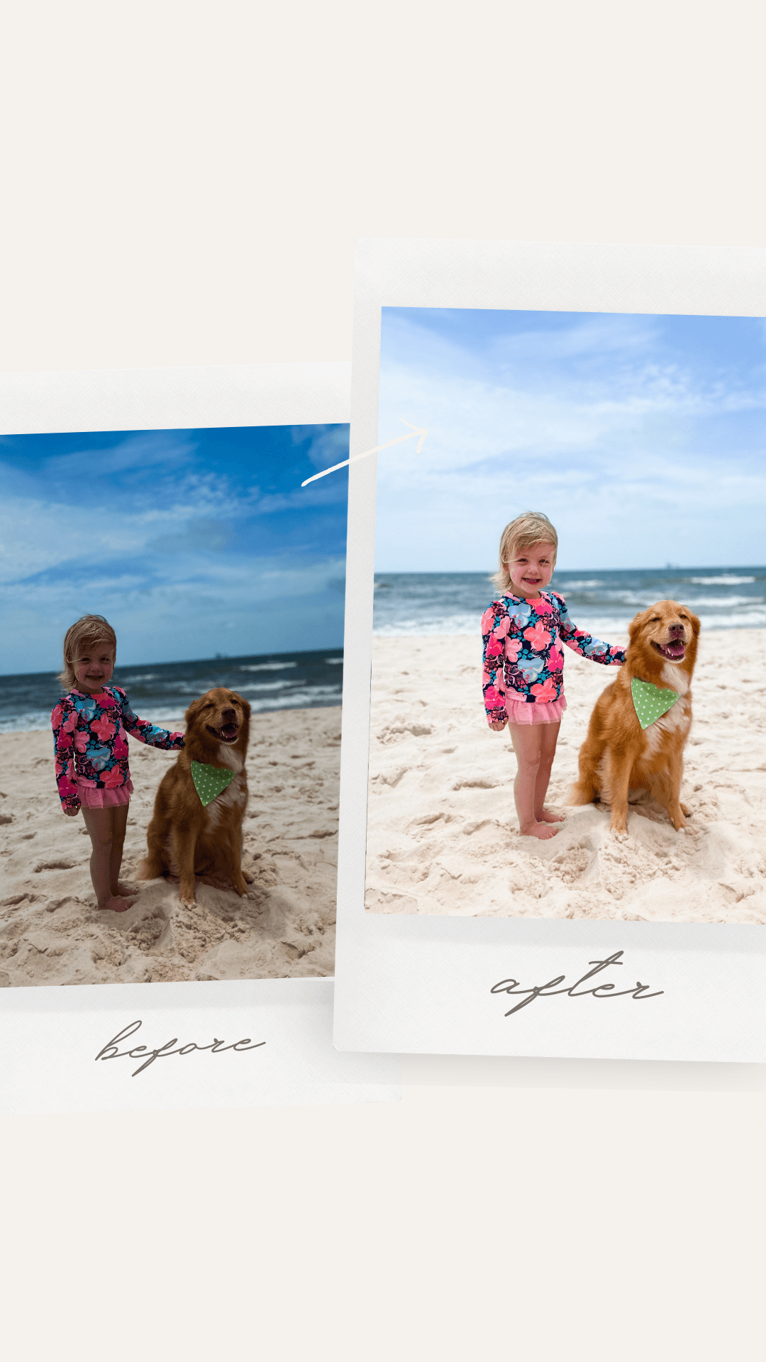 A before and after comparison showing the result of photo editing a picture of a child and a dog on the beach.