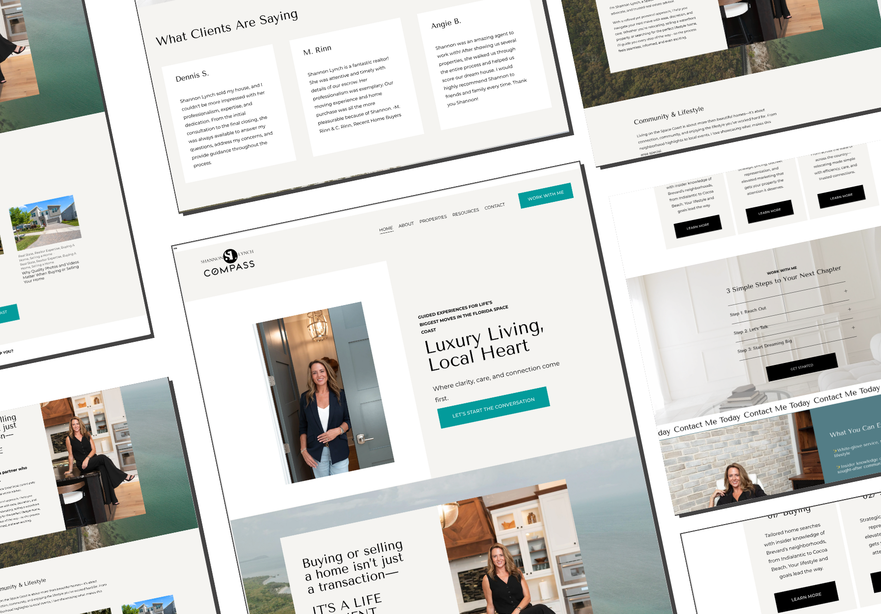 Multiple overlapping digital screens displaying a real estate website with images of a woman realtor, interior and exterior home photos, and sections about luxury living, community, and client testimonials.