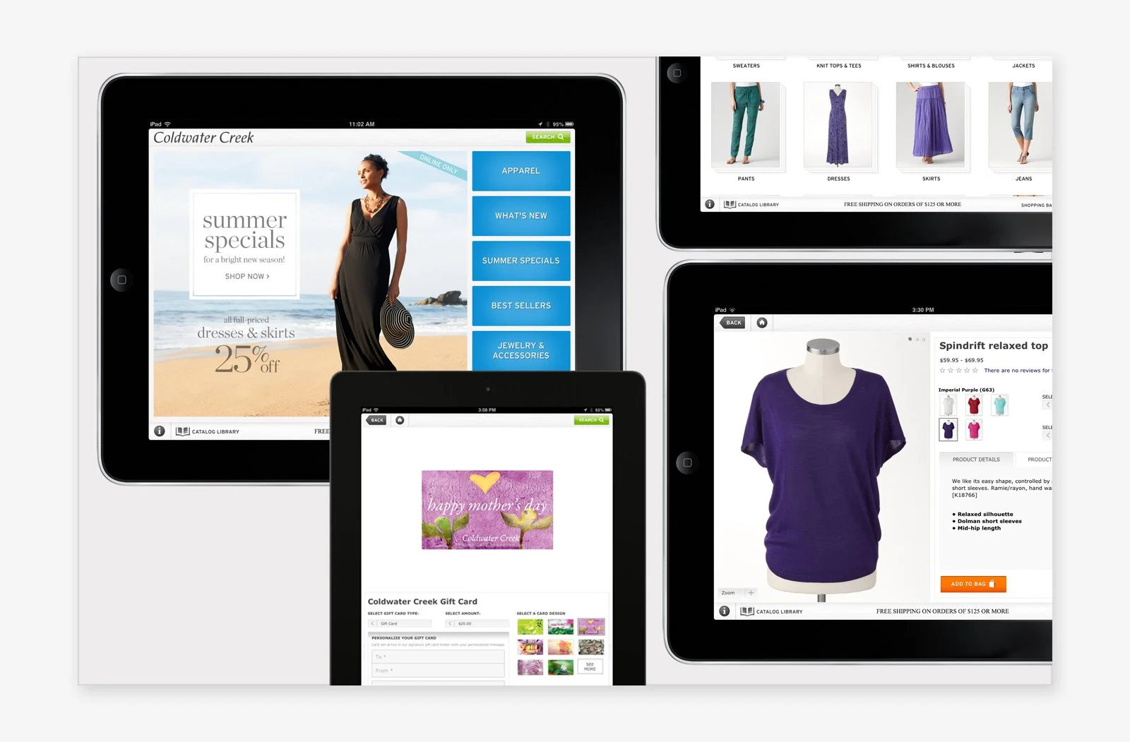 Multiple iPads displaying different online shopping pages for clothing and gifts, including summer dresses, skirts, tops, and gift cards.