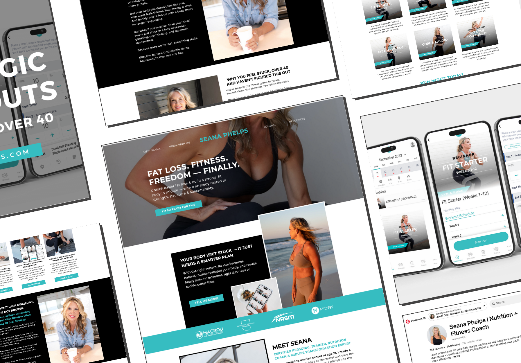 Multiple digital marketing materials, including website pages, mobile app screens, and printable documents, promoting a fitness coaching service by Seana Phelps, featuring images of women exercising, a calendar, and fitness plans.