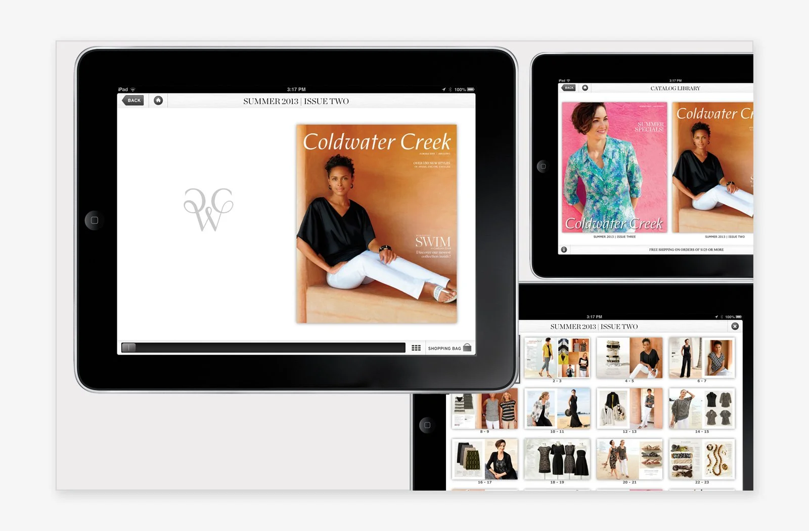 Coldwater Creek Multiple electronic tablets displaying digital fashion magazine issues, featuring models and clothing items.