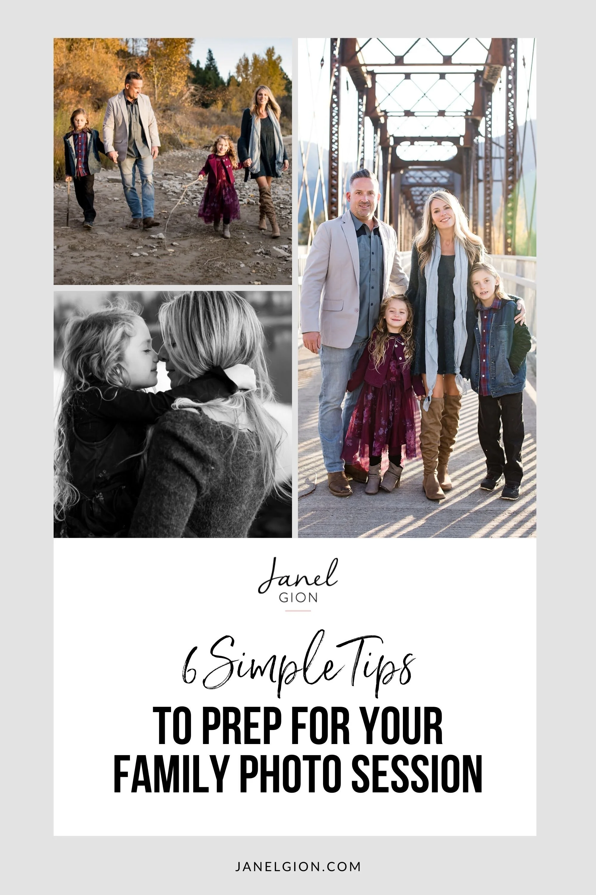 A blog post graphic with a collage of family photos, offering 6 simple tips to prepare for a family photo session.