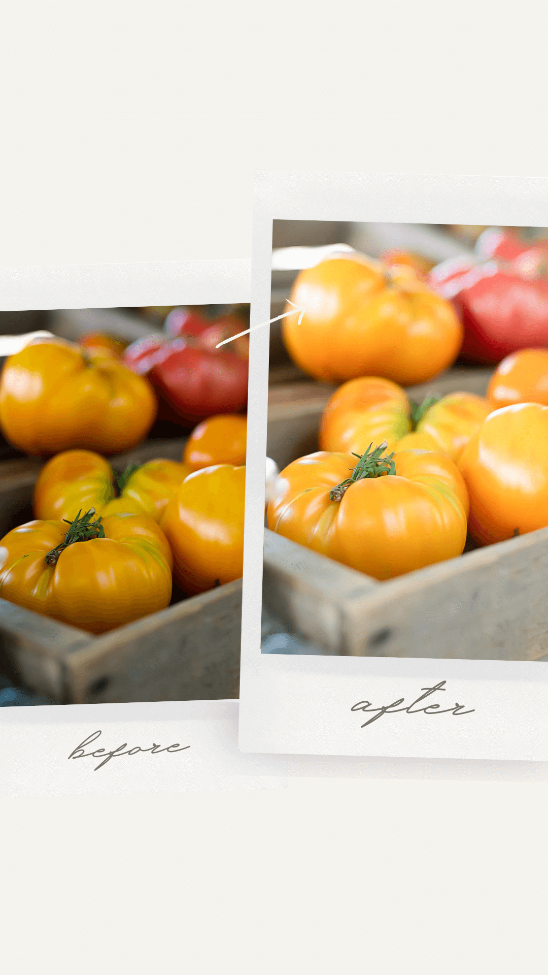 A before and after comparison of a food photography shot of heirloom tomatoes, showing the result of professional editing.