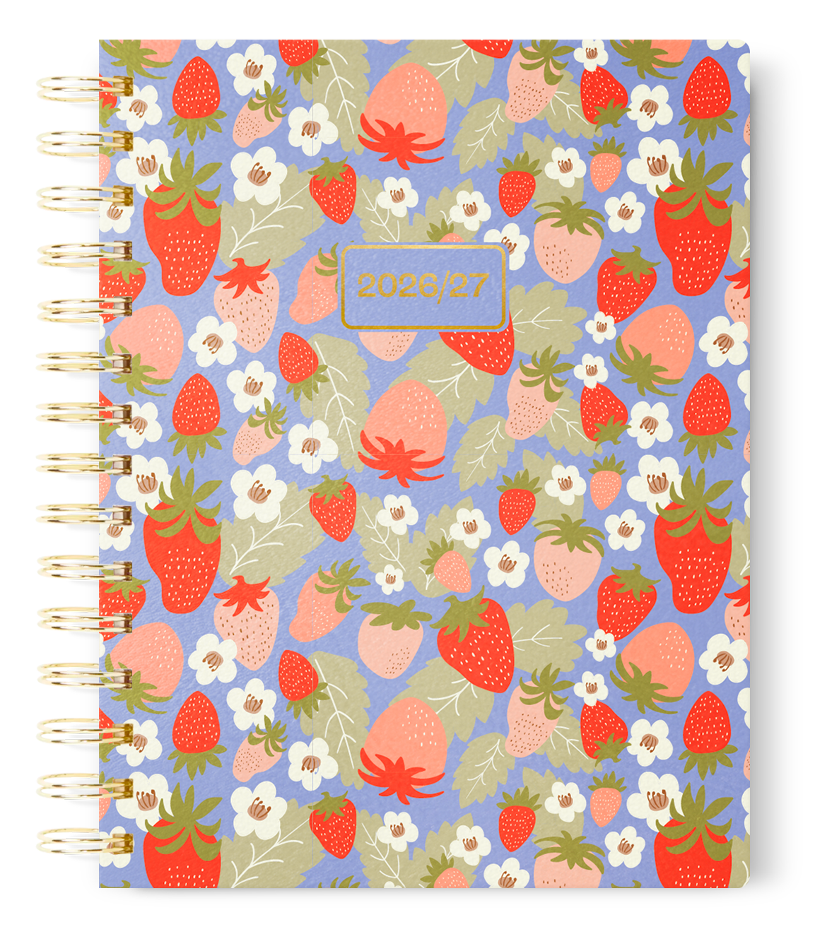 A spiral-bound planner with a blue background and a pattern of strawberries, strawberry flowers, and leaves. The center has a label with "2026/27" in gold text.