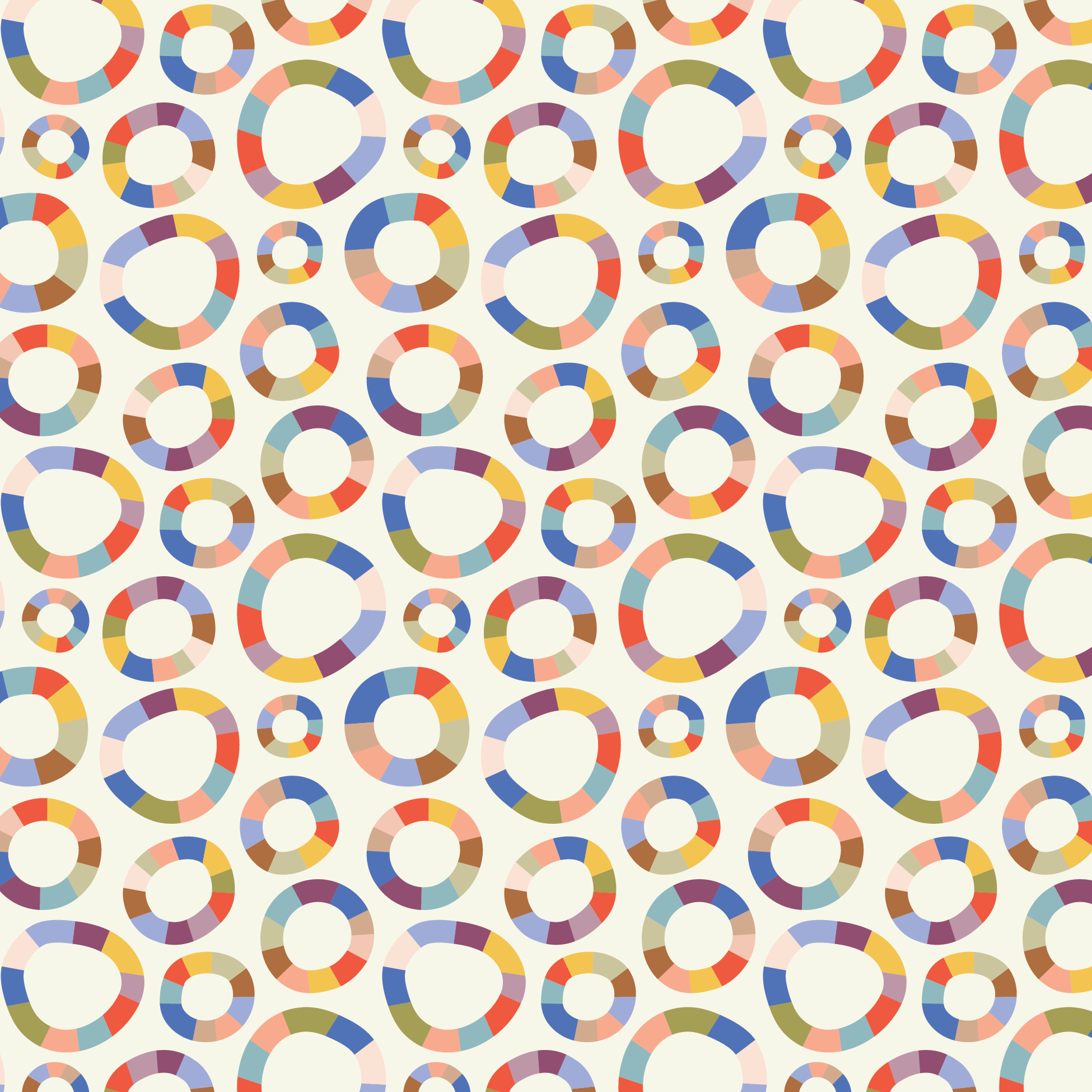 A pattern of multicolored concentric circles with varying segment colors on a cream background.