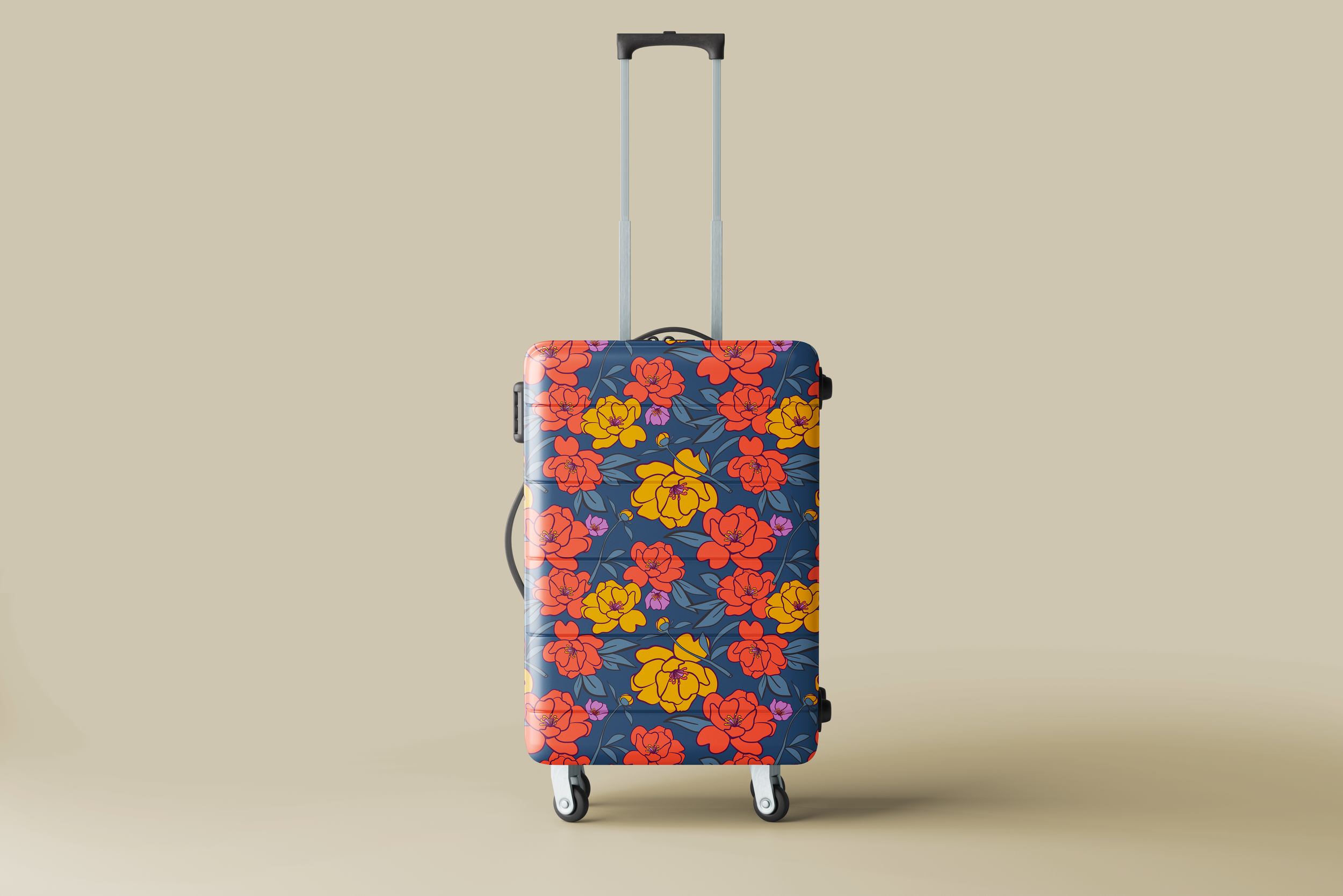 A suitcase with a floral pattern featuring red, yellow, purple, and dark blue flowers and green leaves, placed upright on a beige background.