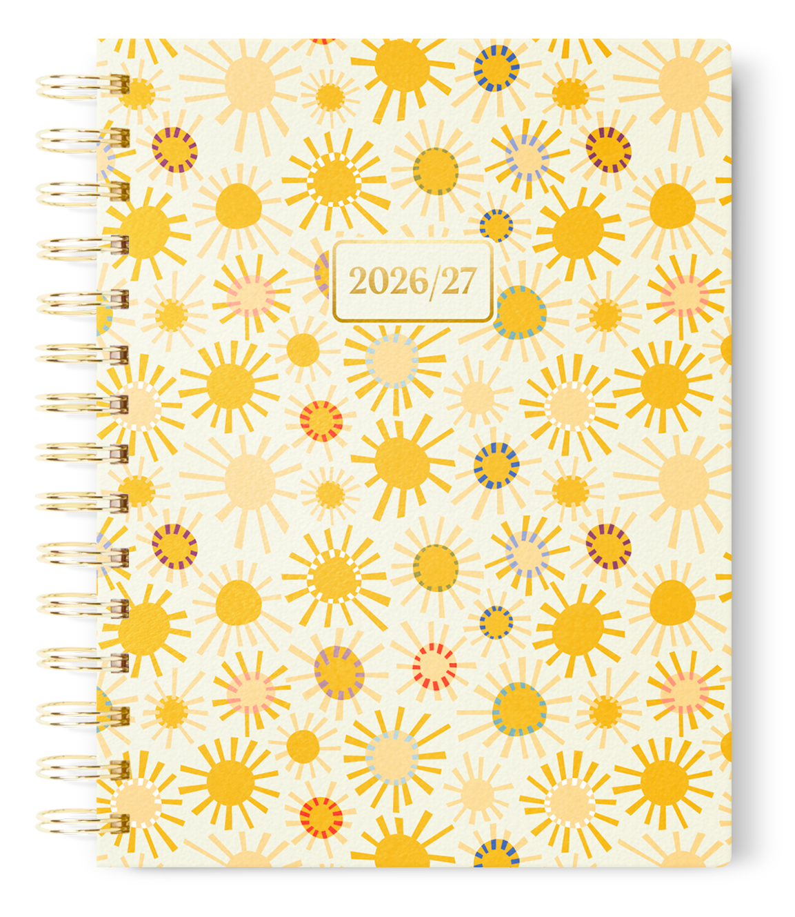 Cover page of a planner or notebook with a pattern of colorful sunburst designs in gold, purple, pink, red, and blue on a cream background. The center has a label with '2026/27'.