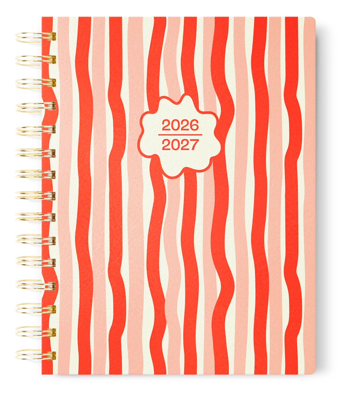 A notebook with a red and cream striped pattern on the cover and a gold spiral binding, displaying the years 2026 and 2027.