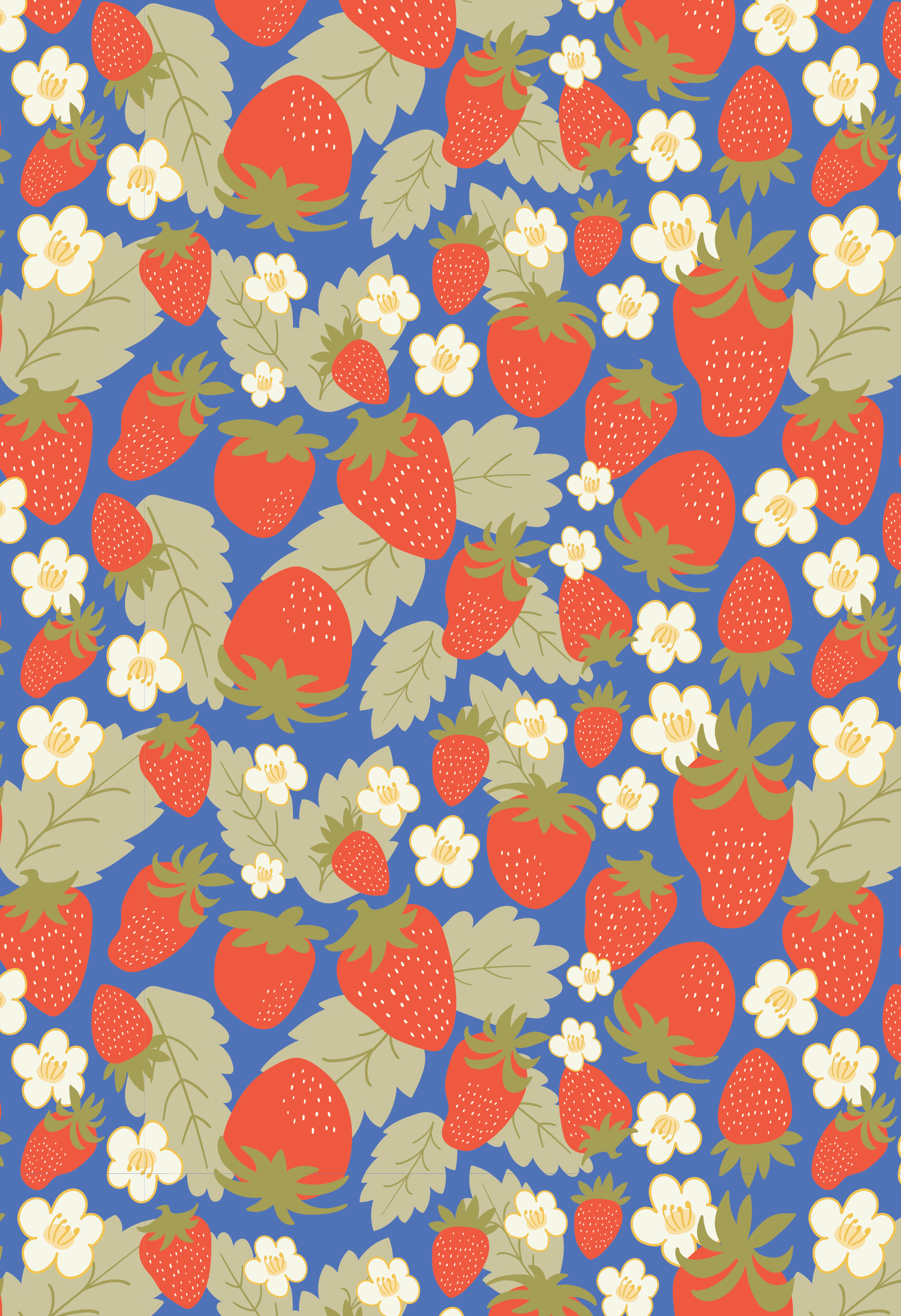 Pattern with strawberries, white flowers, and green leaves on a blue background.