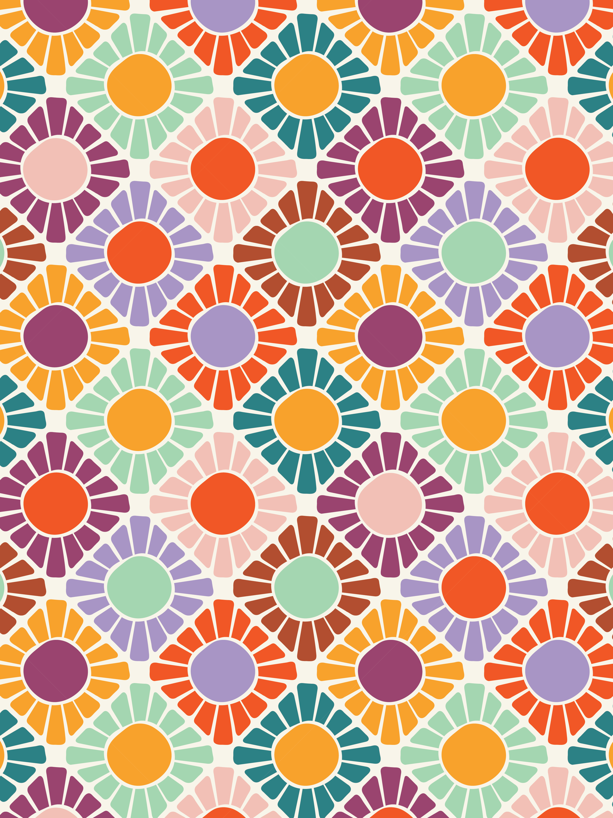 A colorful abstract pattern with circular and petal-like shapes in shades of purple, orange, red, pink, green, and teal. The pattern is repetitive and vibrant.
