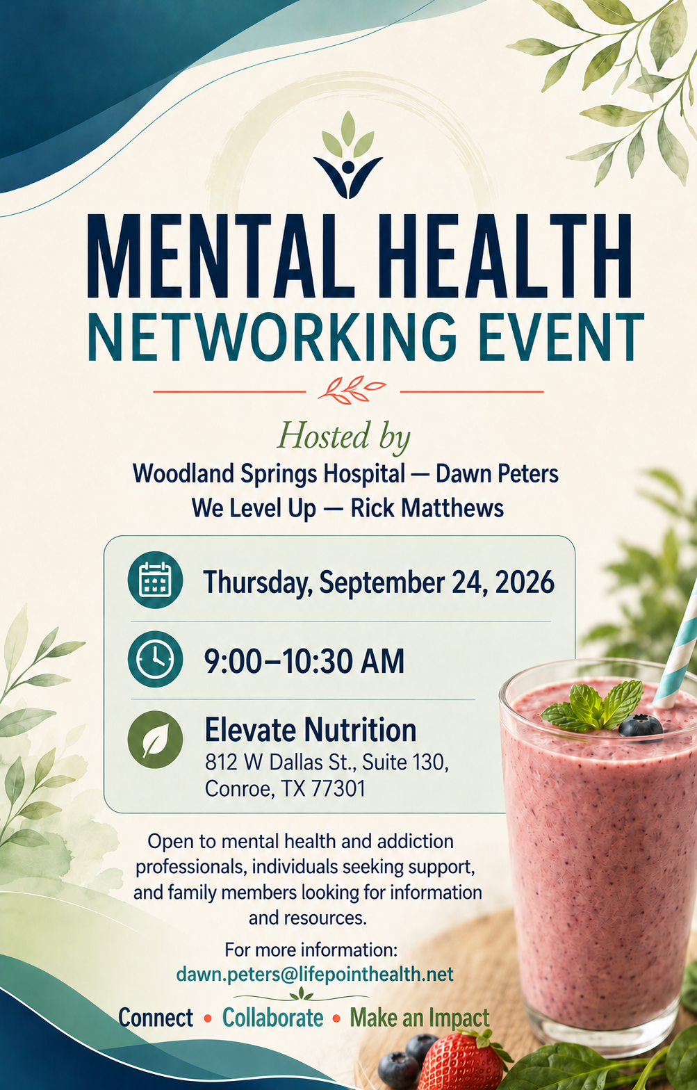  Mental Health Networking Event, Woodland Springs and We Level Up
