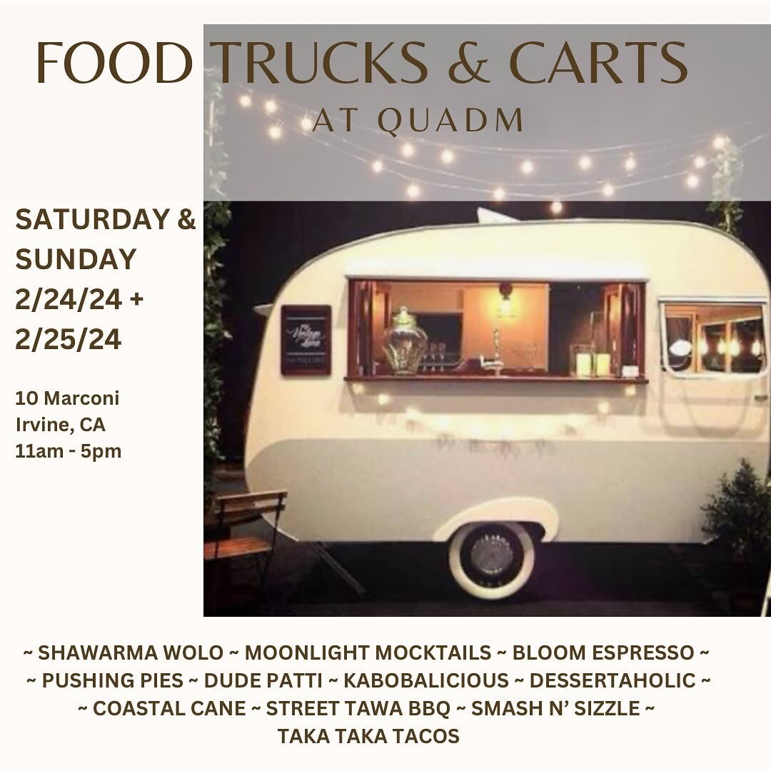 FOOD scene at QUADM- come HUNGRY!

Such a variety of foods and drinks from pizza, burgers, tacos,  BBQ, Shawarma, kabob, dessert bus, to mocktails, coffee, chai, and can juice! 

2/24/24 &amp; 2/25/24 
10 Marconi Irvine, CA 
11am - 5pm