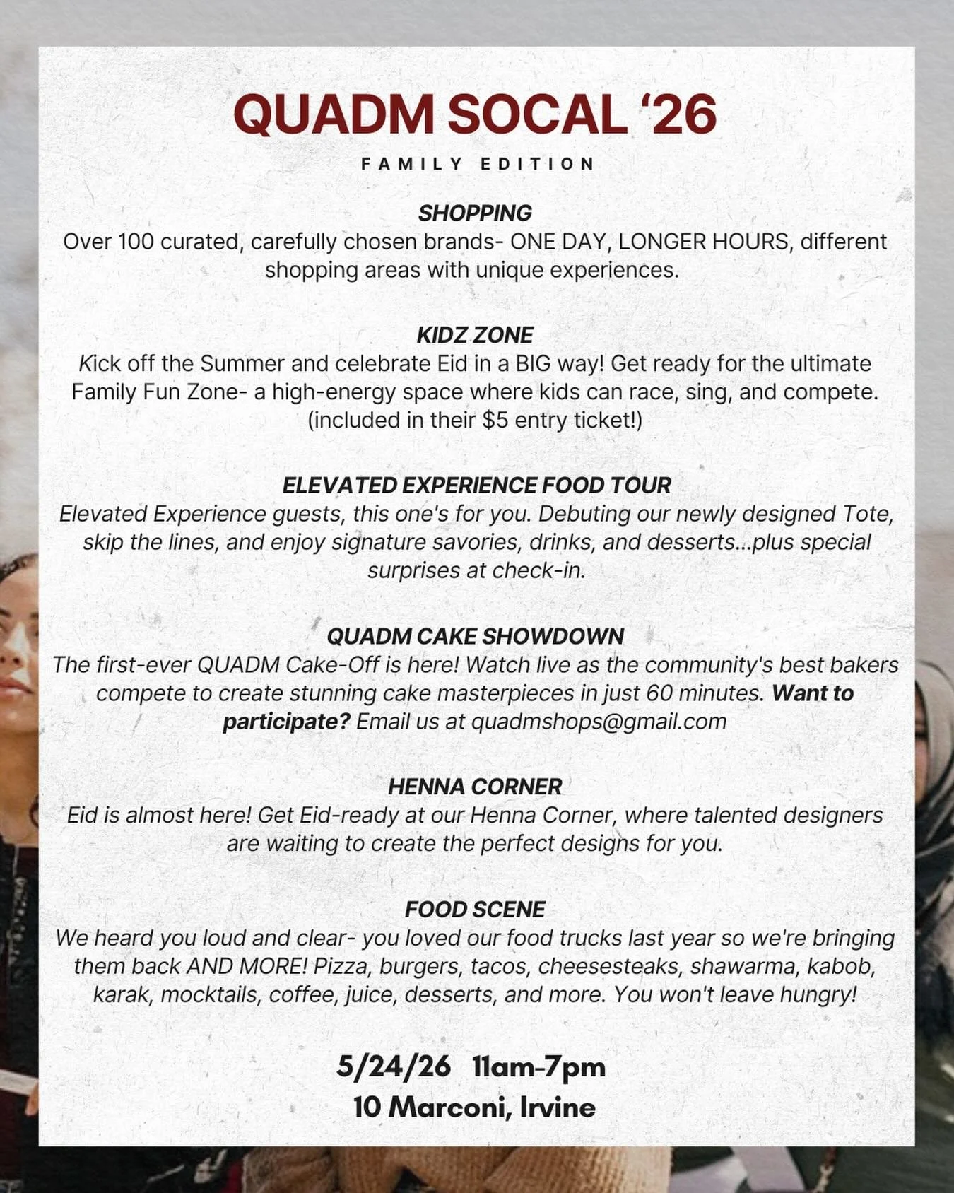 You&rsquo;ve all been waiting&hellip;. 
Big ideas, Big energy for this year&rsquo;s QUADM SoCal, 2026 in sha Allah!  Wait till you hear all the deets 👀👀👀

Sunday, 5/24/26
11am-7pm
NH Community Center-  10 Marconi, Irvine
